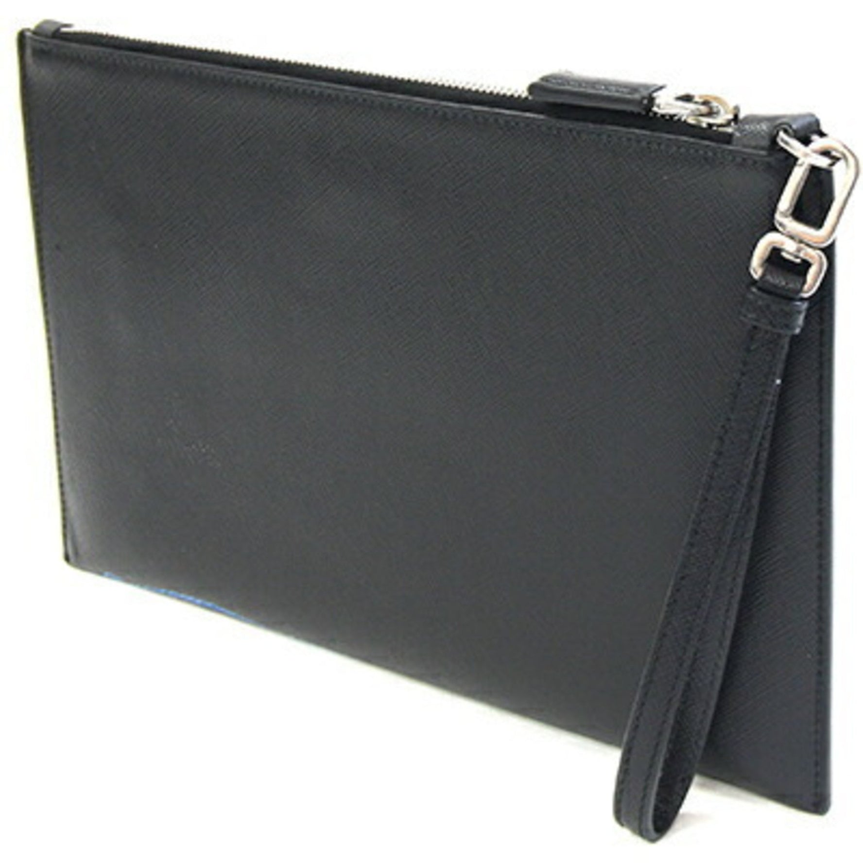 Prada clutch bag in black and blue leather with strap pouch .