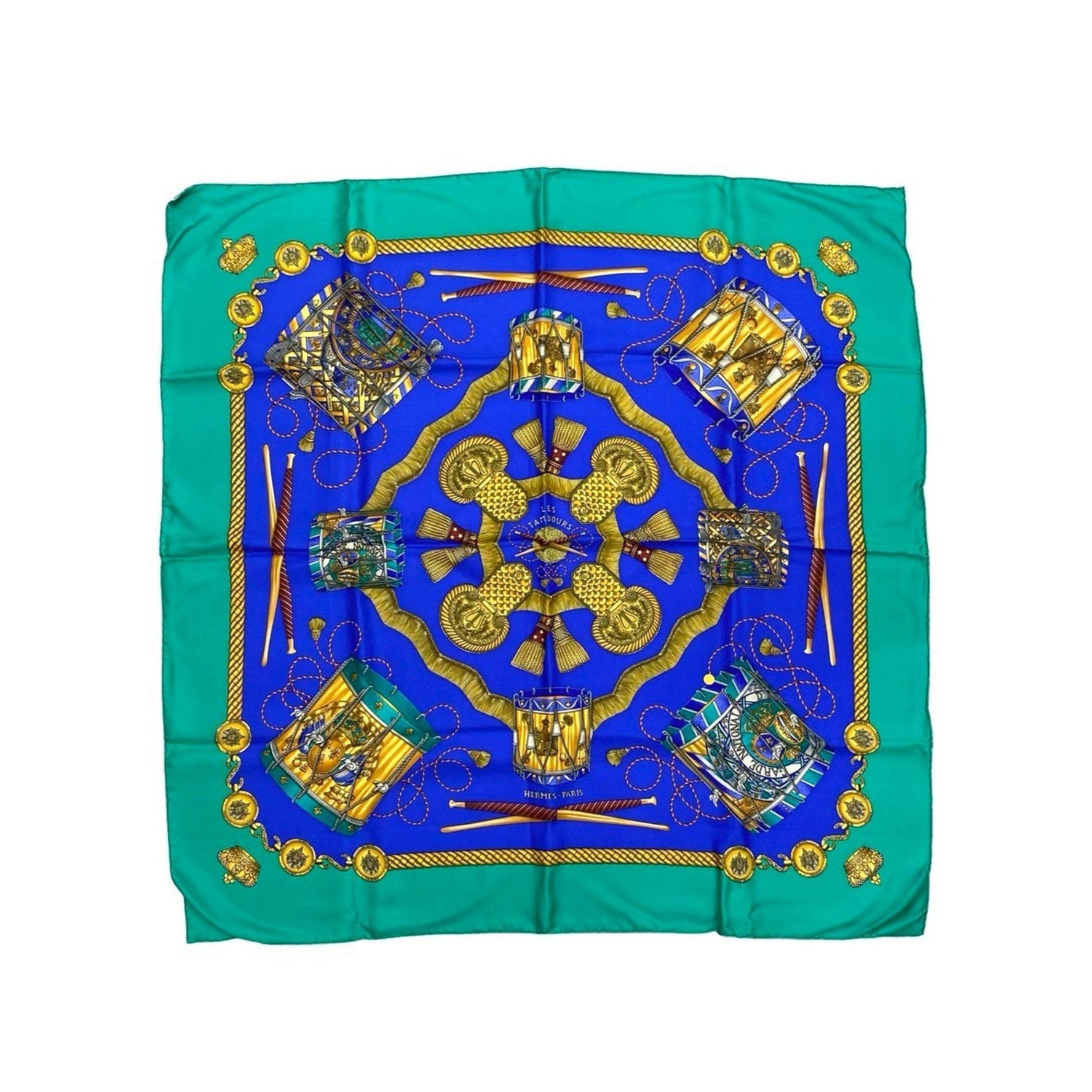 Unused, stored HERMES Carré 90 "Les Tambouras" silk scarf/muffler in green and blue