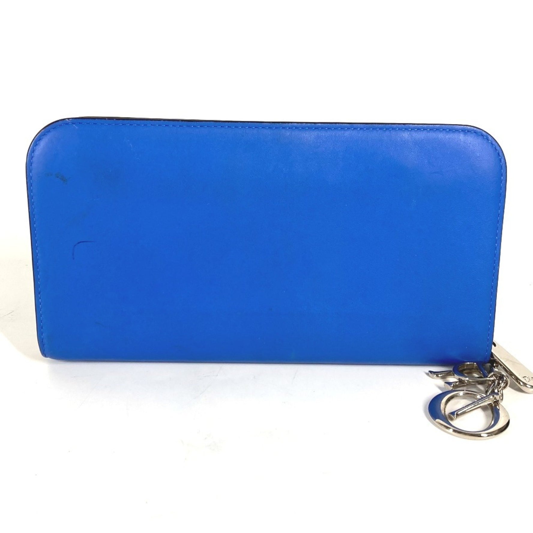 Christian Dior Dior Beaded Rhinestone Round Zip Long Wallet Leather Blue