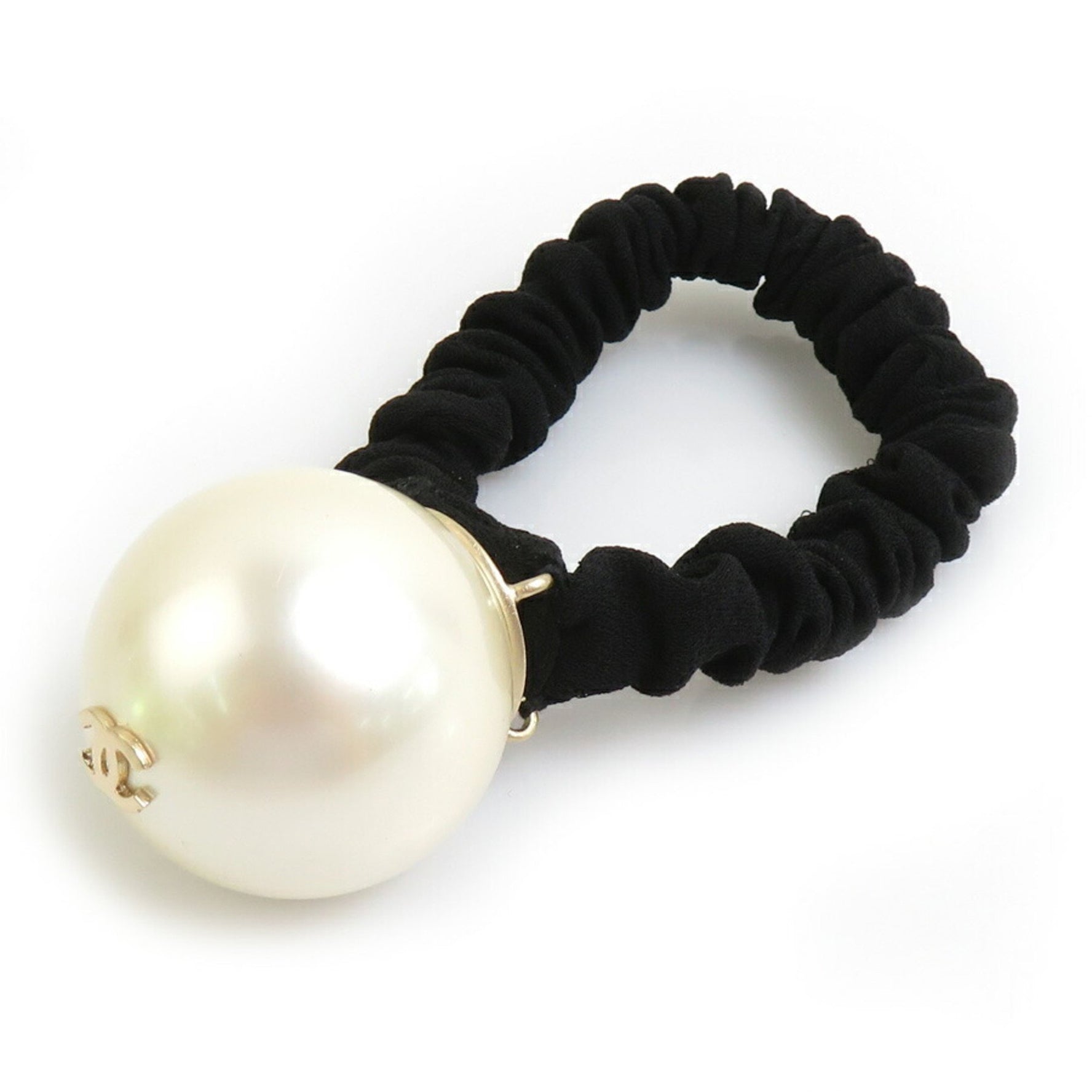 CHANEL Hair Tie Coco Mark Faux Pearl Accessory Off-White Black Gold
