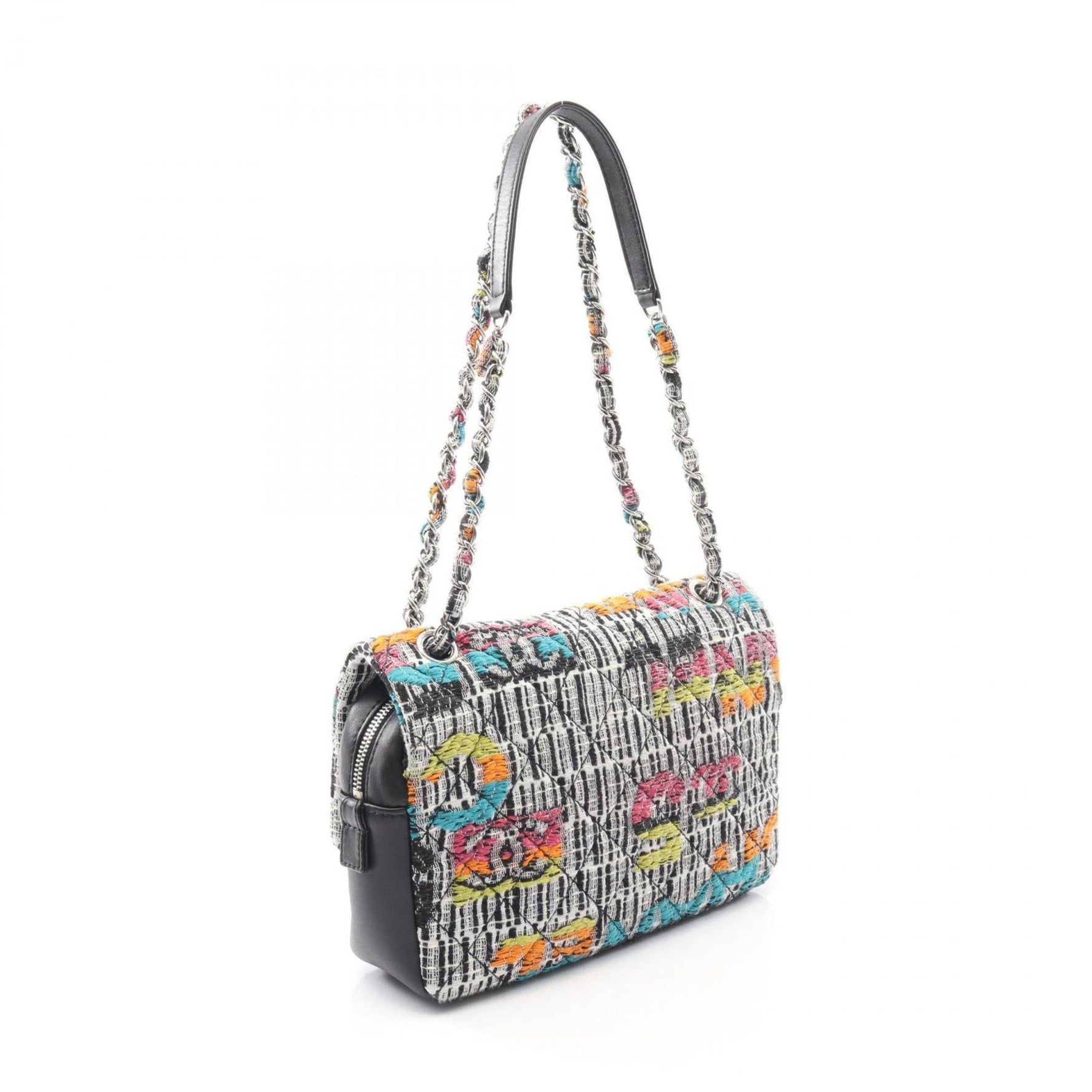 CHANEL Matelasse Shoulder Bag, Fabric and Leather, White, Black, Multicolor