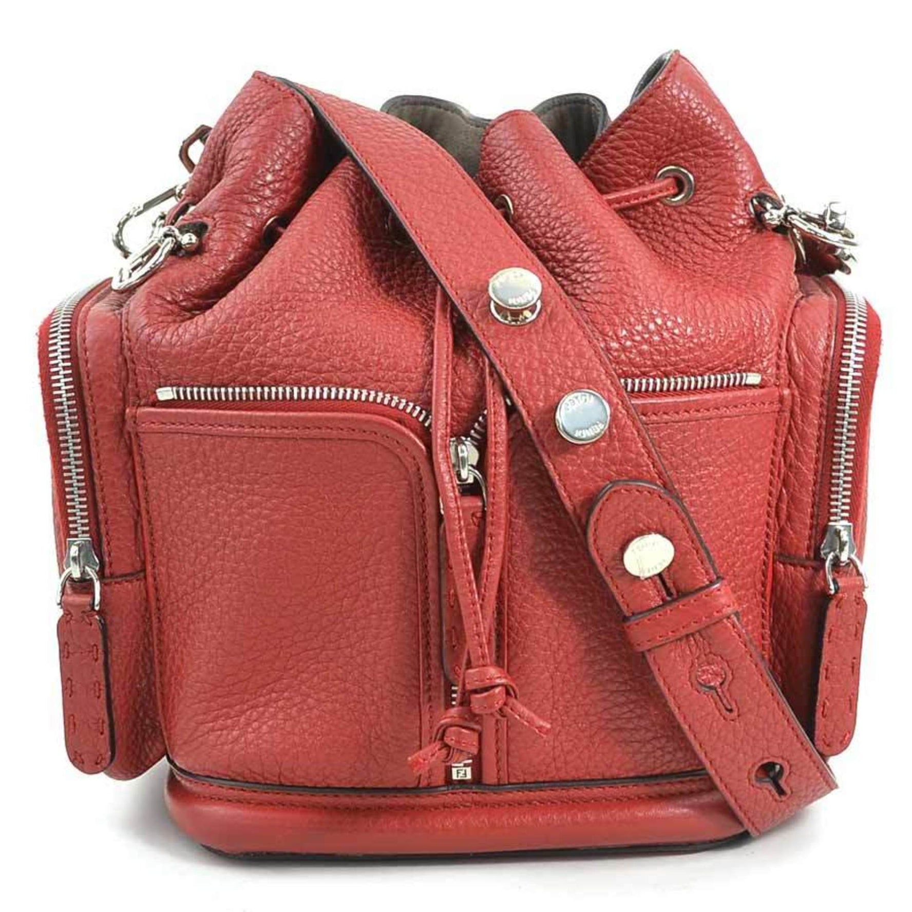 FENDI Shoulder Bag Montresor Leather Burgundy Silver