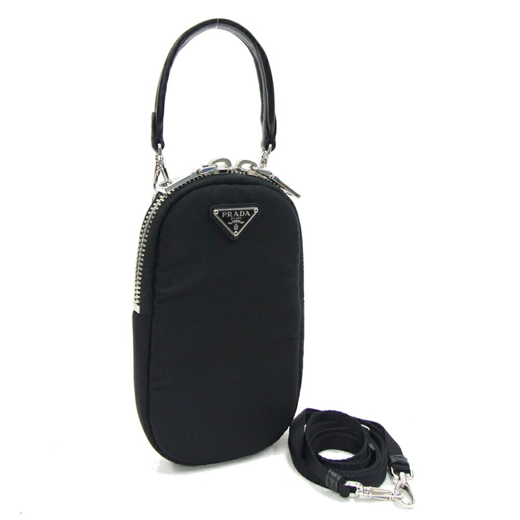Prada Shoulder Bag Black Nylon Leather Pochette Smartphone Phone Women Men