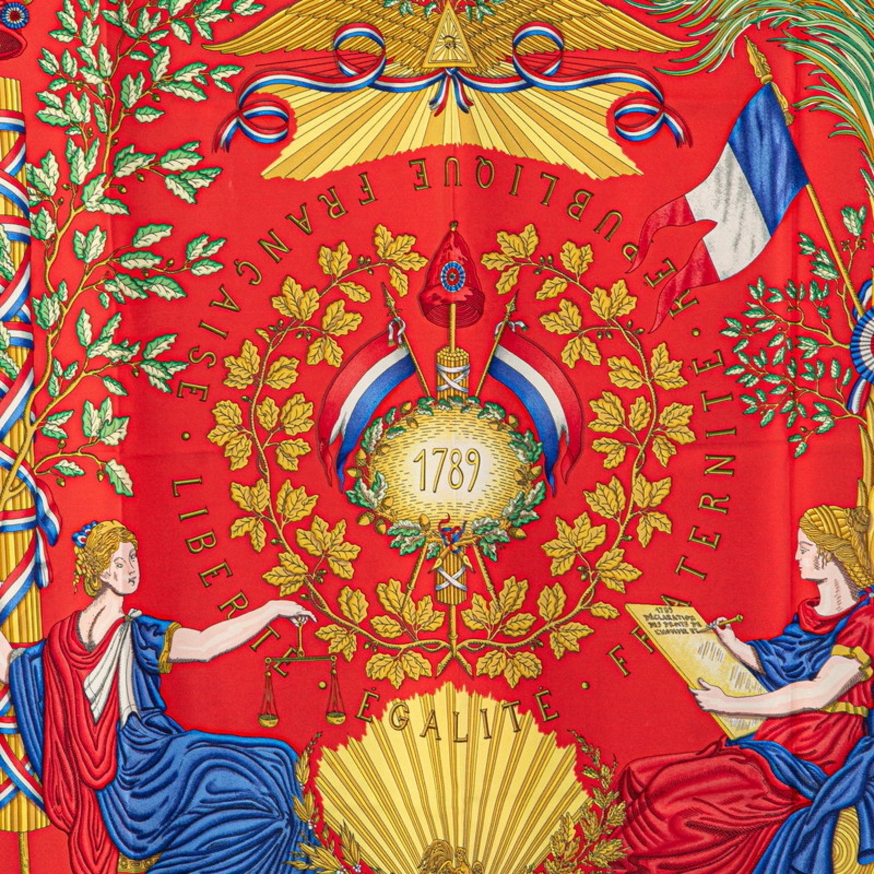 Hermès Carré 90 1789 LIBERTE EGALITE FRATERNITE REPUBLIQUE FRANCAISE Scarf Commemorating the French Revolution, Blue, Red, Multicolor Silk, HERMES