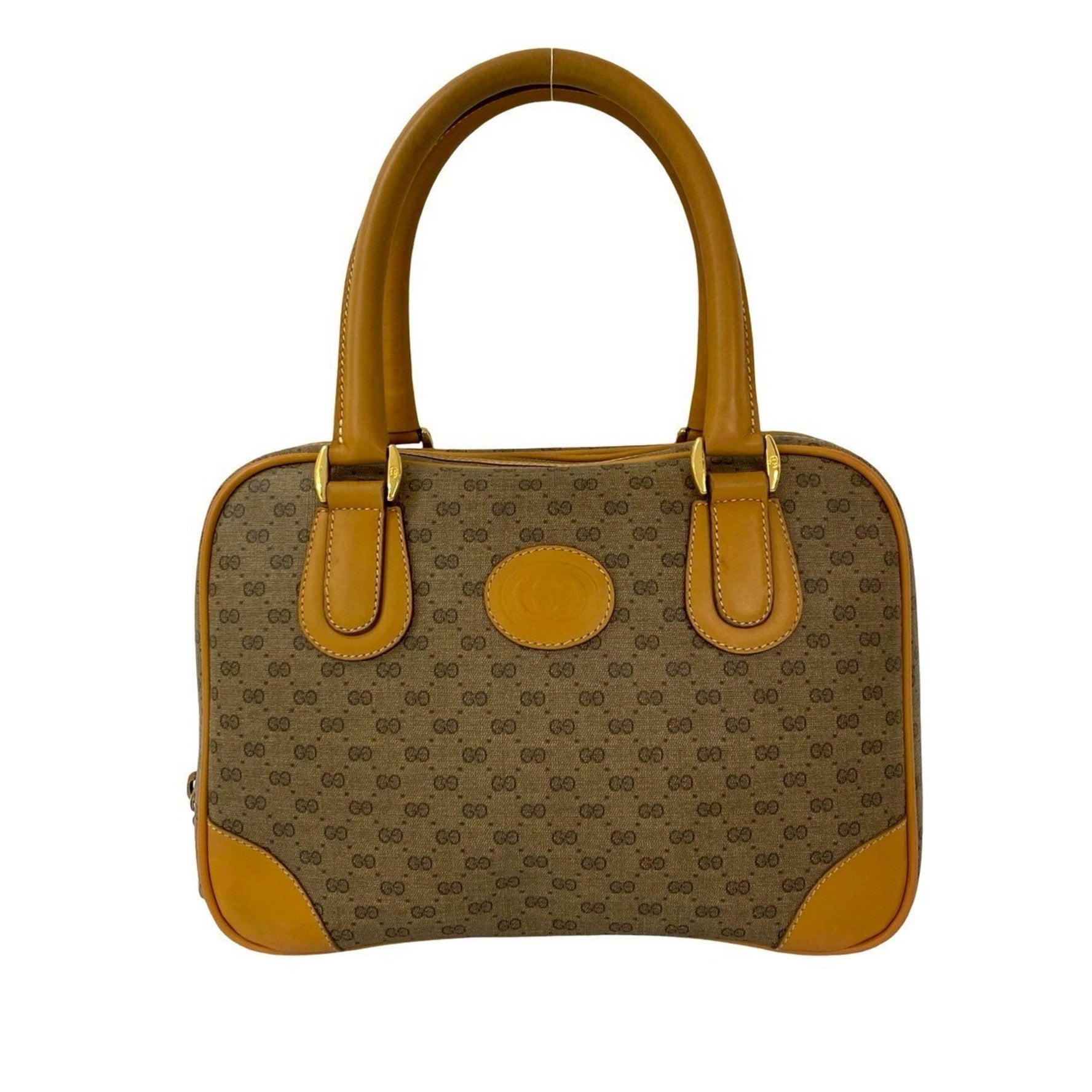 GUCCI Vintage Micro GG Logo Leather Handbag/Mini Boston Bag in and Camel (06225)
