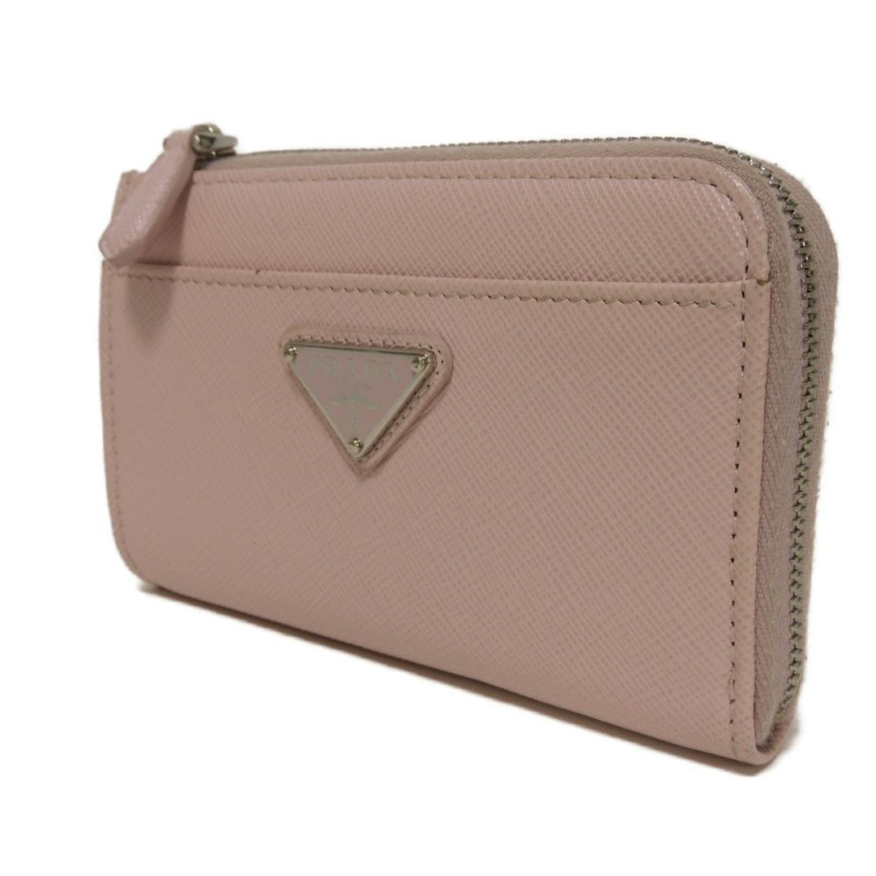 PRADA Coin Case Saffiano Key Holder L-Shaped Ring Card RFID Triangle Pink