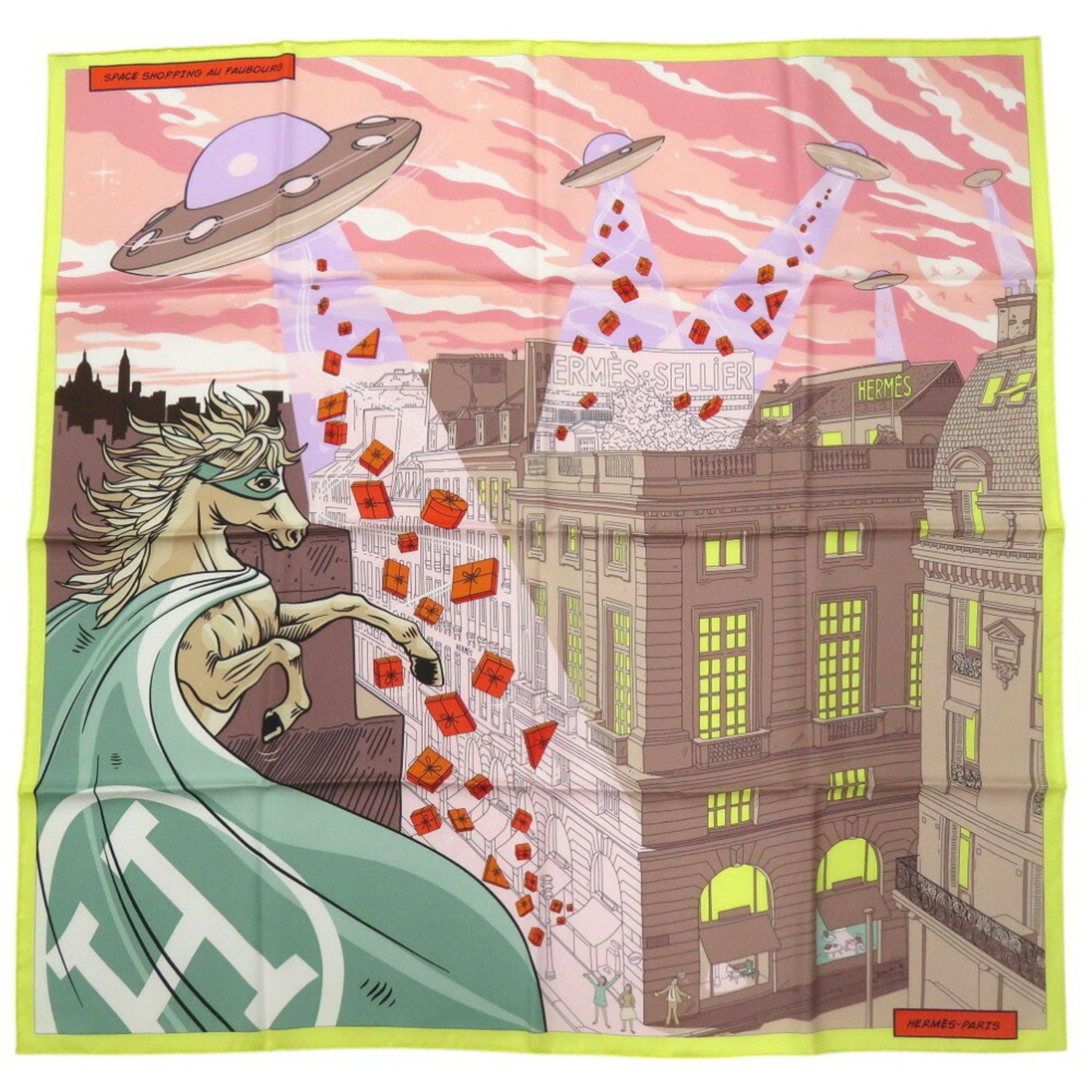 Hermes Carre 90 Space Scarf Muffler City and UFO Pattern Shopping au Faubourg Silk