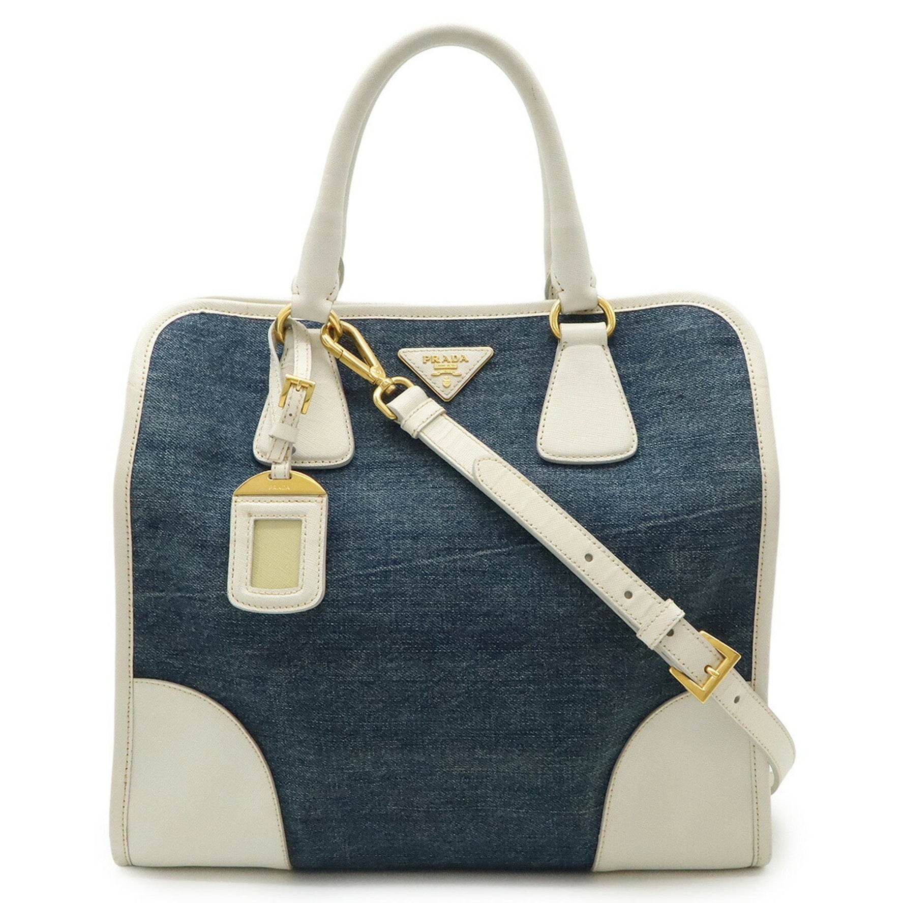 PRADA Triangle Handbag Tote Bag Shoulder Denim Leather Blue White