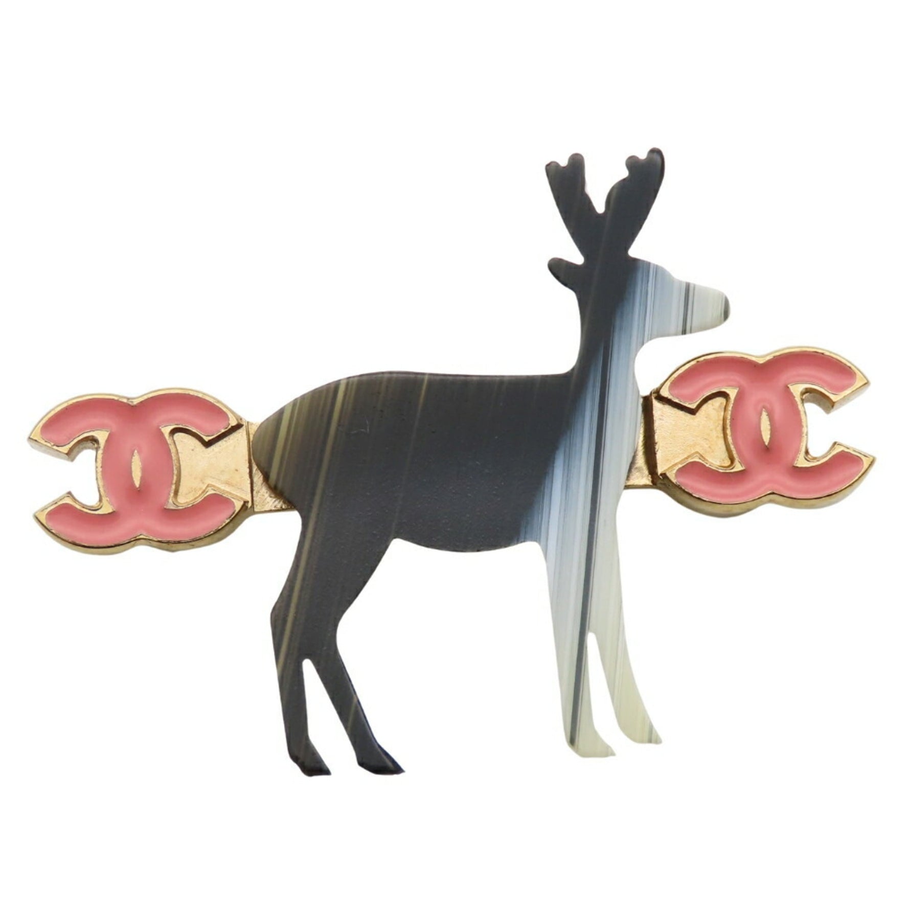 Chanel Brooch Metal Gold Black Pink Reindeer Coco Mark