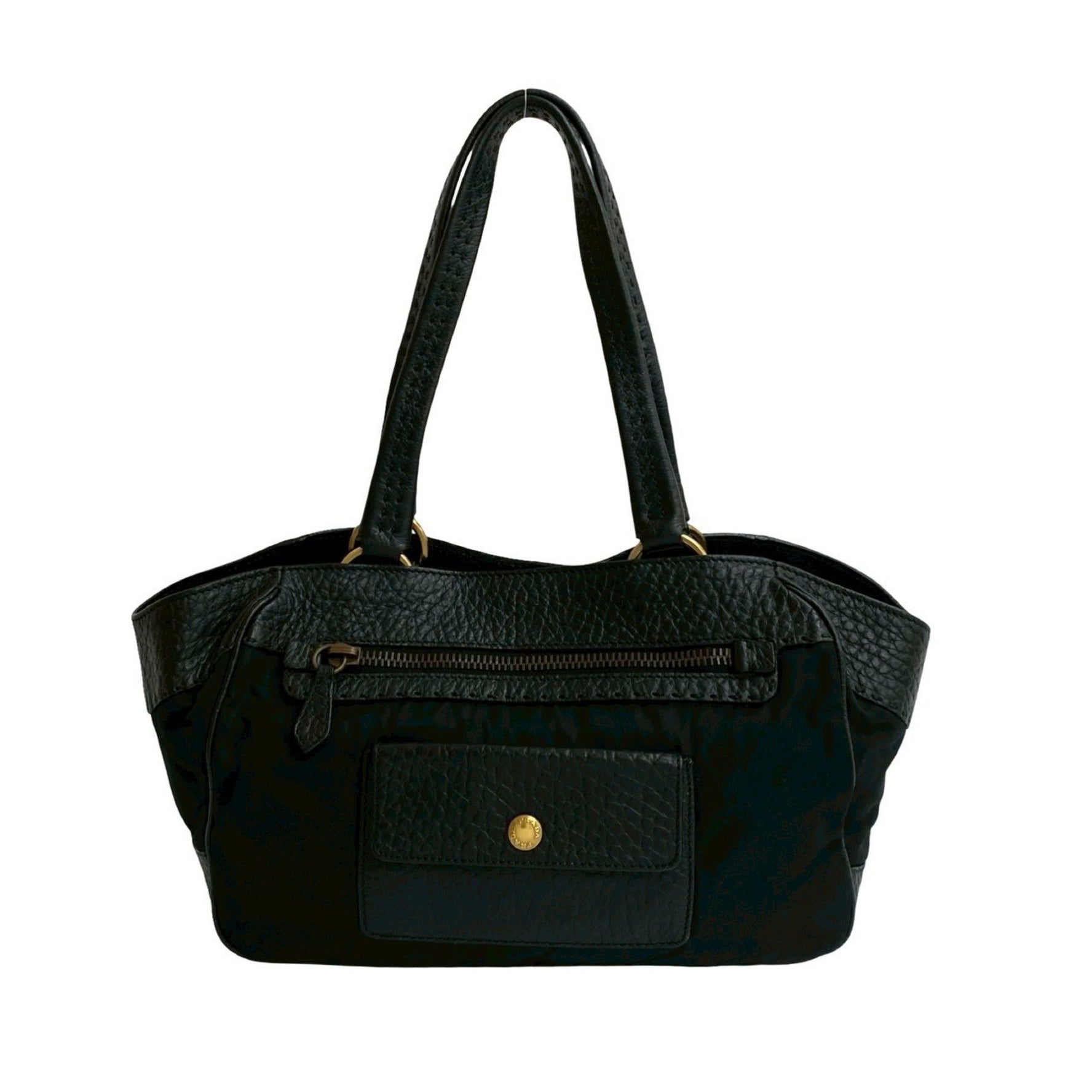 PRADA Triangle Logo Plate Hardware Leather Tessuto Nylon Semi-Shoulder Bag Mini Tote