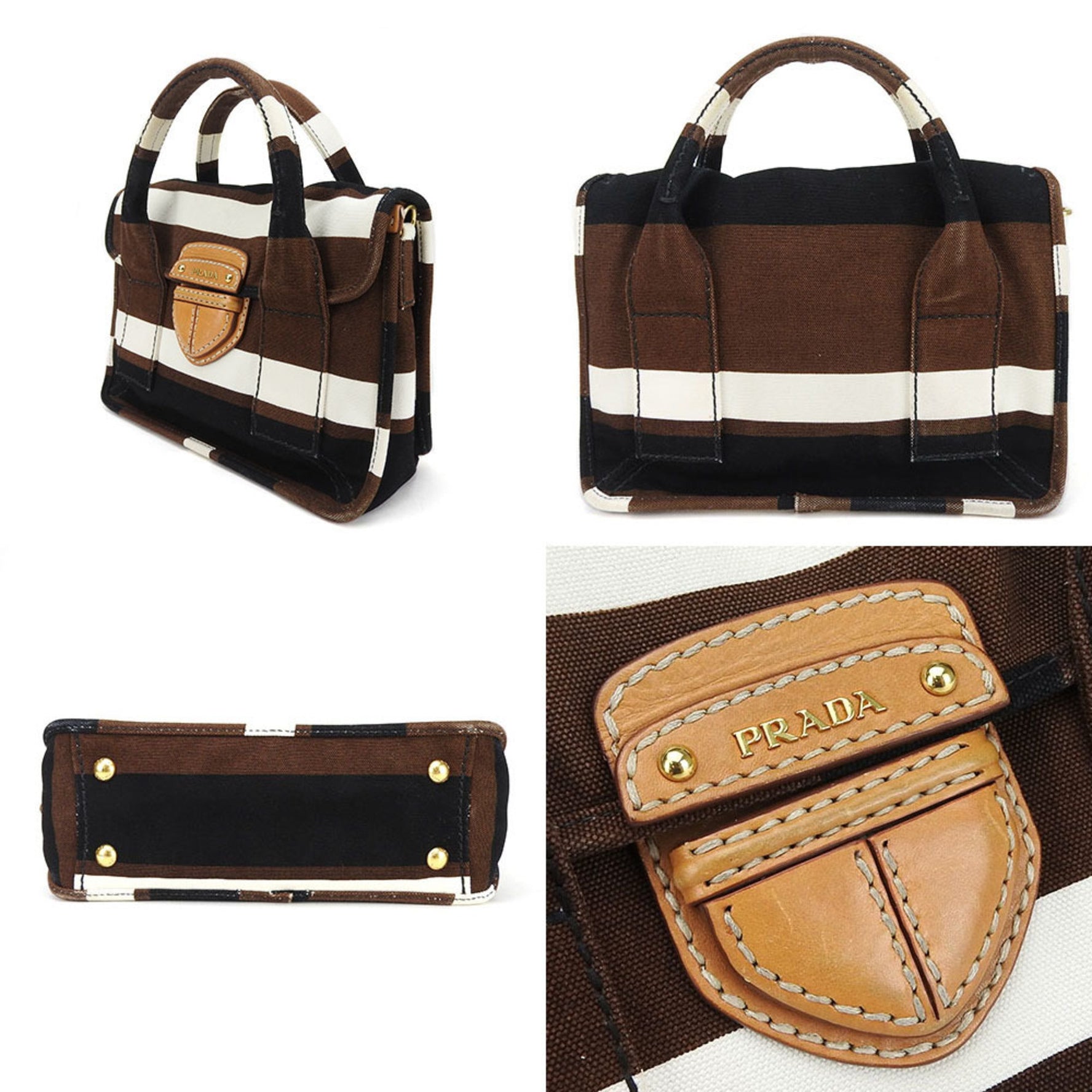 PRADA hand bag shoulder border canvas brown ivory black ladies