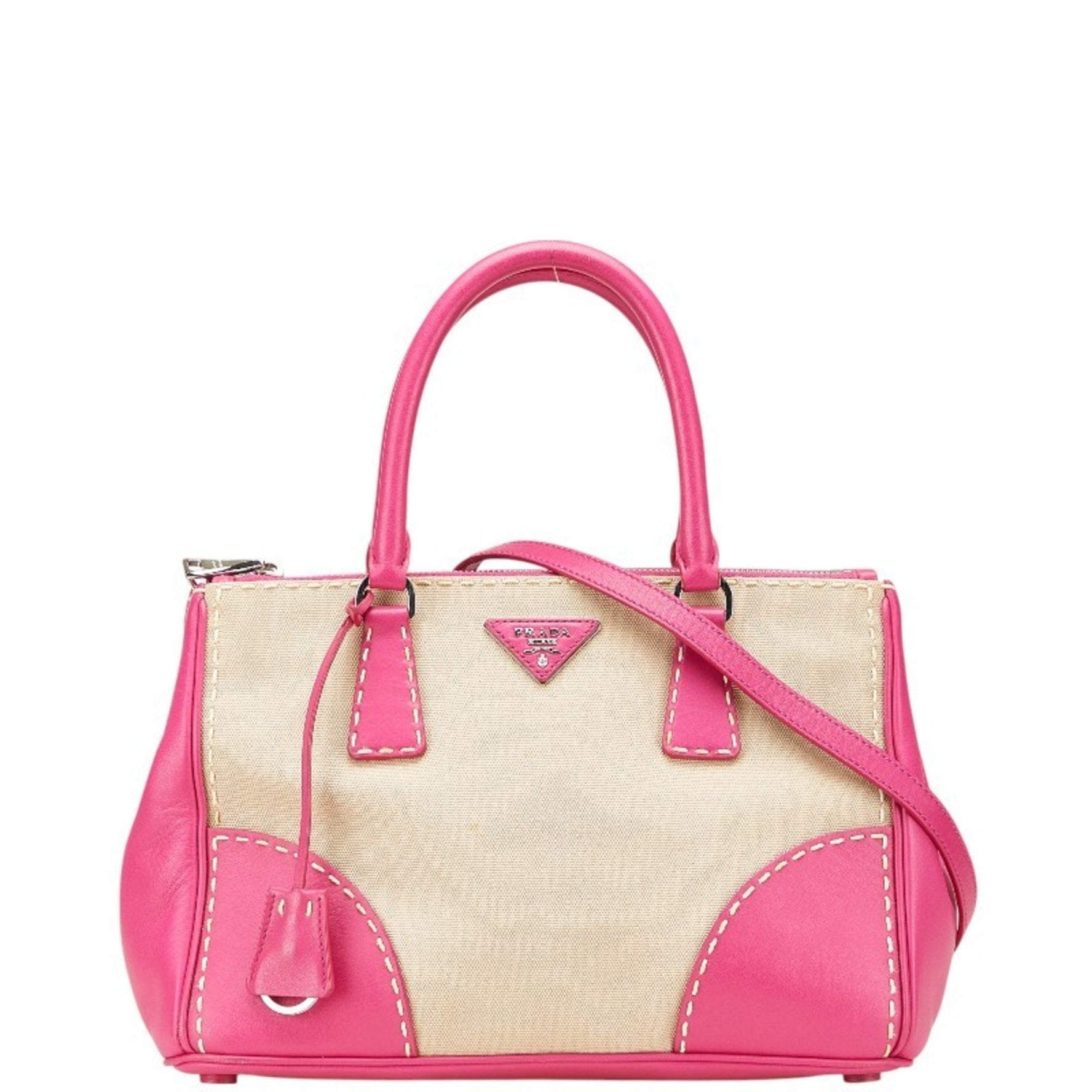 Prada Canapa City Triangle Logo Plate Handbag/Shoulder Bag, Pink/Beige Canvas and Leather
