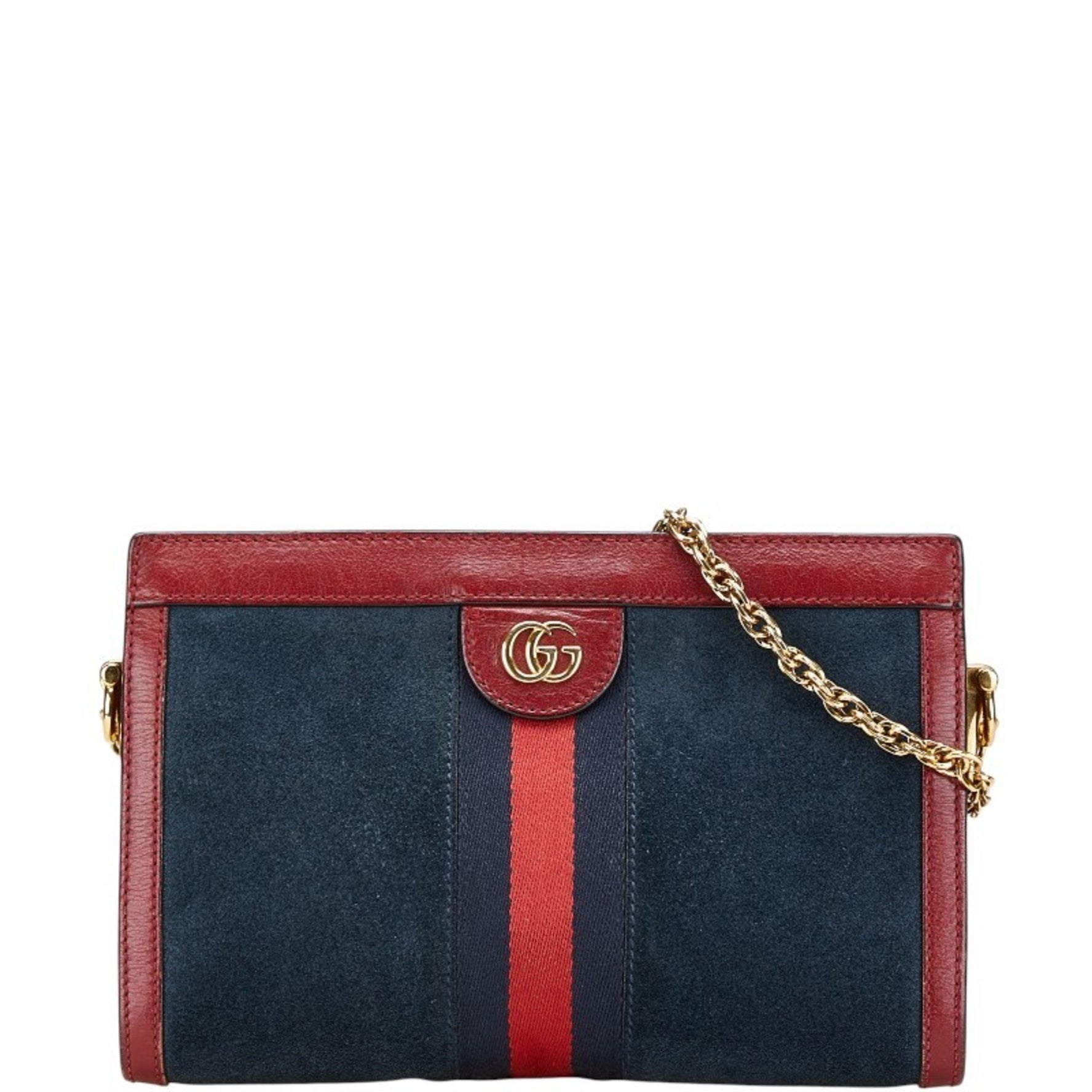 Gucci Ophidia Chain Shoulder Bag Navy Red Leather Suede