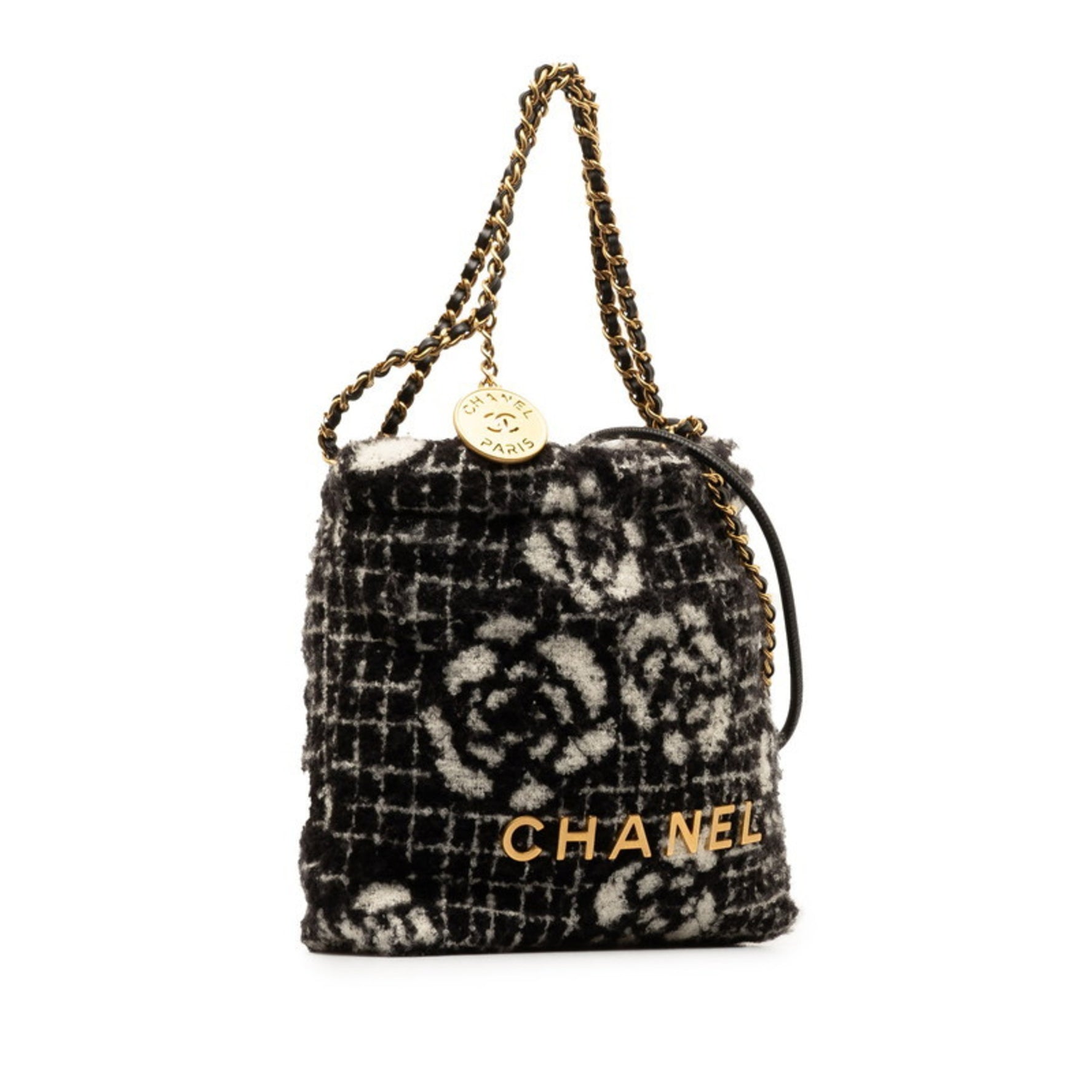 Chanel Camellia Coco Mark Chain Tote Bag Shoulder Black White Cotton