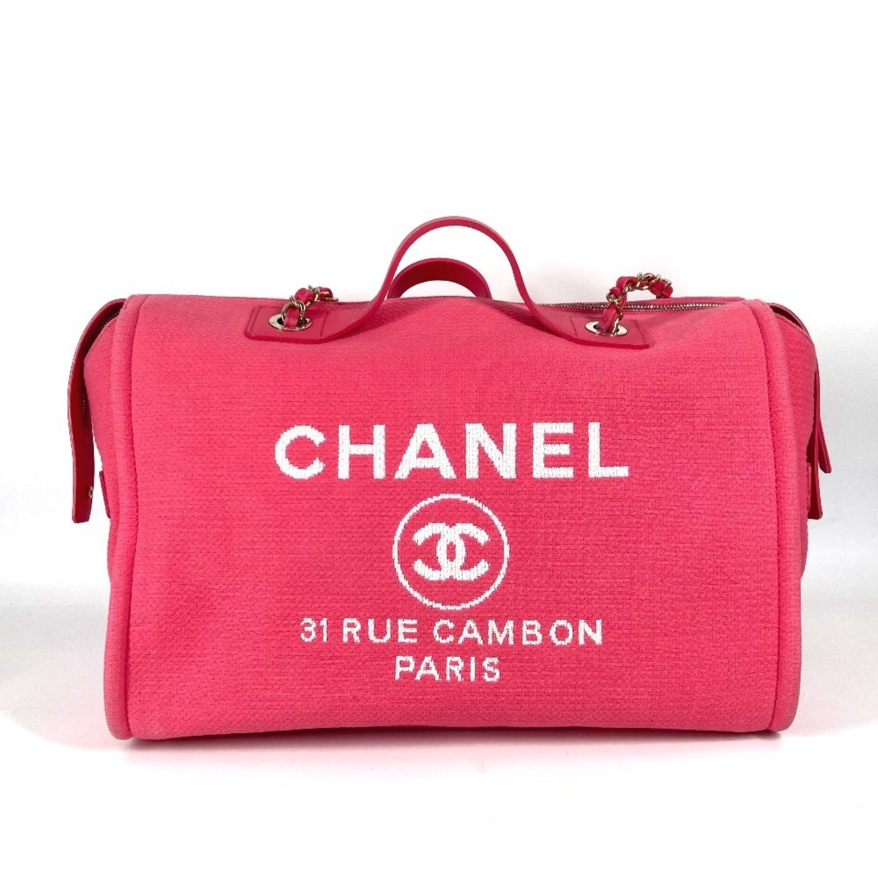 CHANEL CC Coco Mark Logo Deauville Boston Bag Handbag W Chain Shoulder Canvas