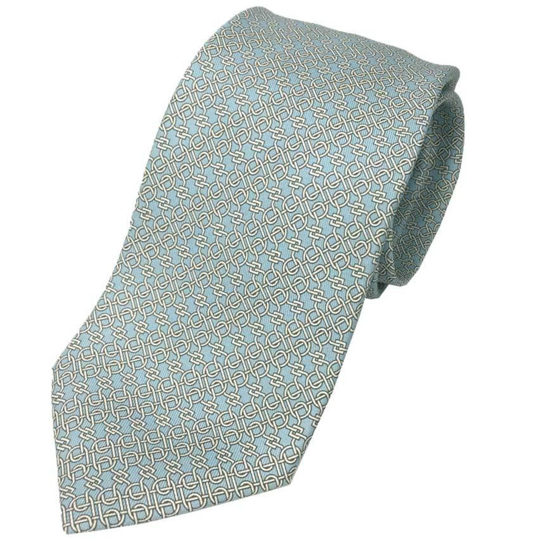 Hermes tie PELE MELE 07 chain pattern light blue CIEL/BLANC unused