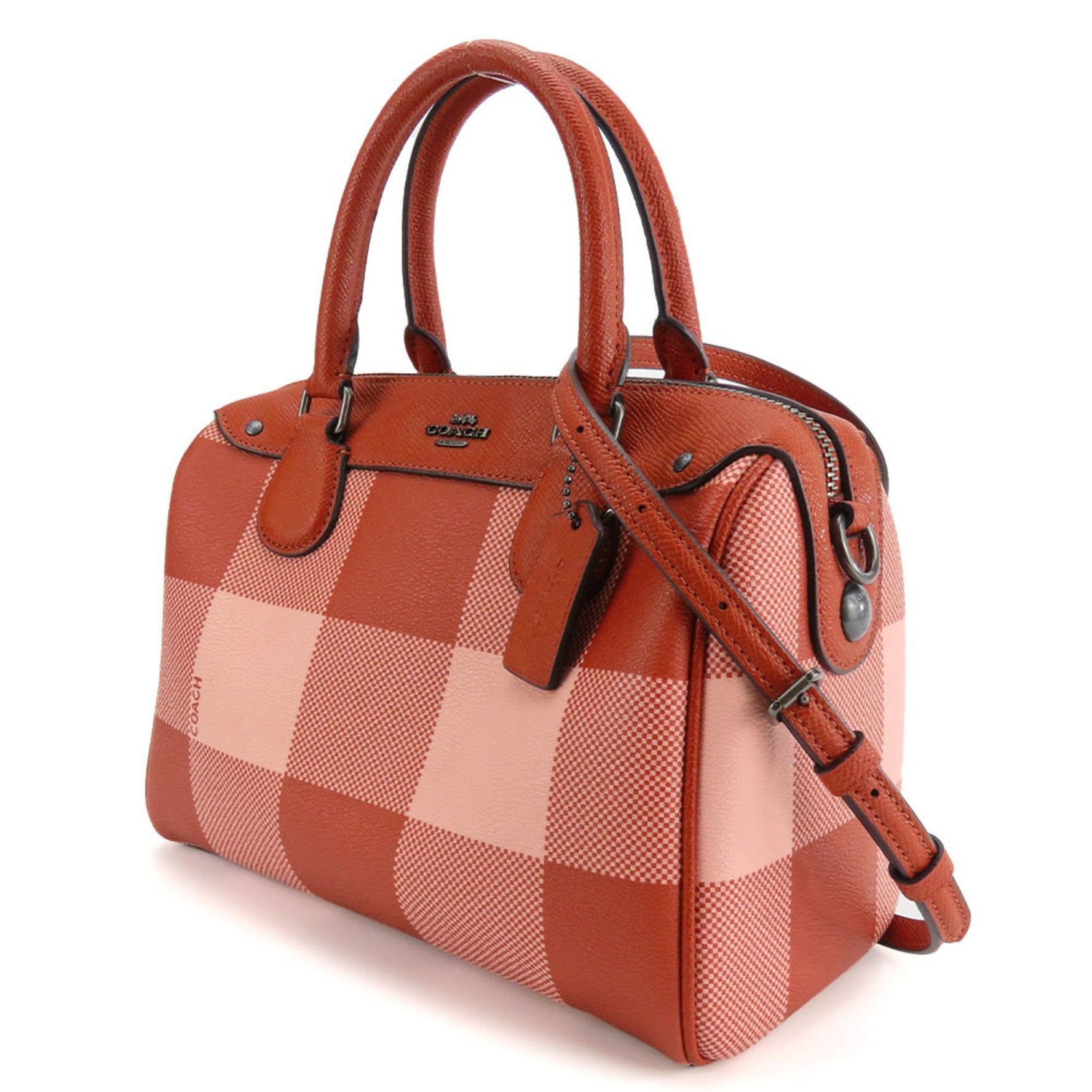 Coach handbag Boston leather red pink check pattern shoulder bag