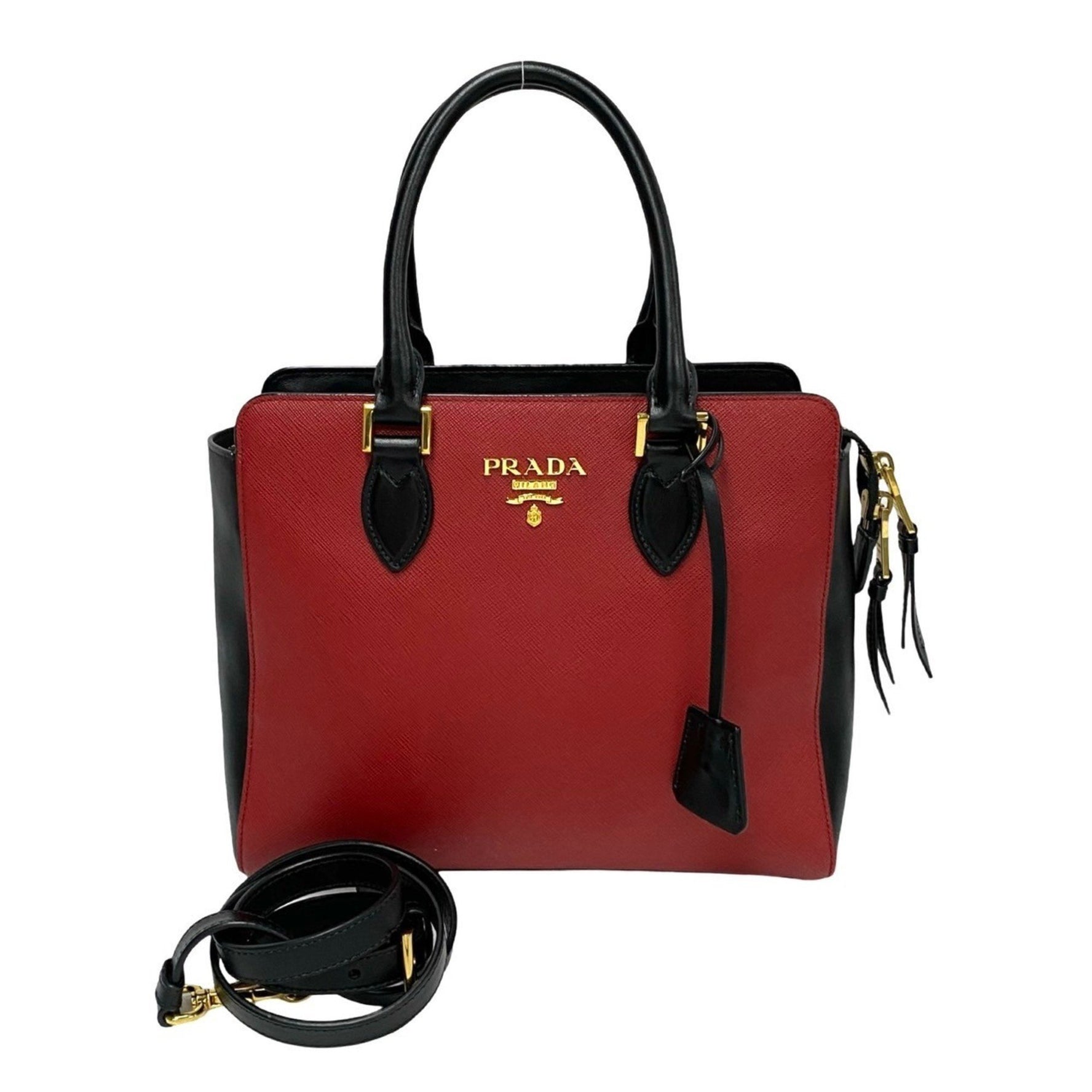 PRADA logo hardware leather genuine shoulder bag handbag tote red black 113-8