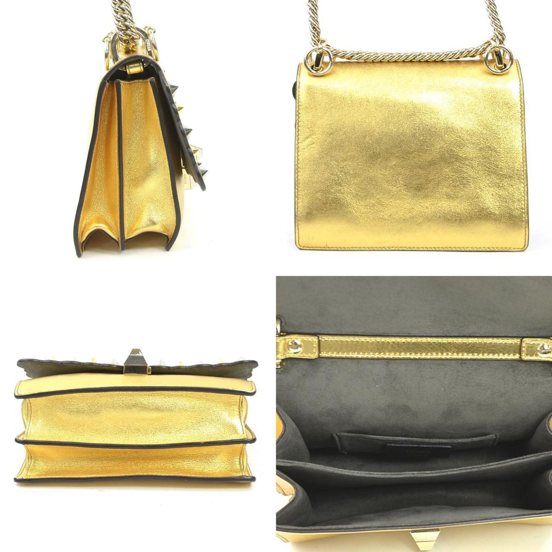 Fendi Mini Canai Shoulder Bag, Leather, Metal, Gold, Silver