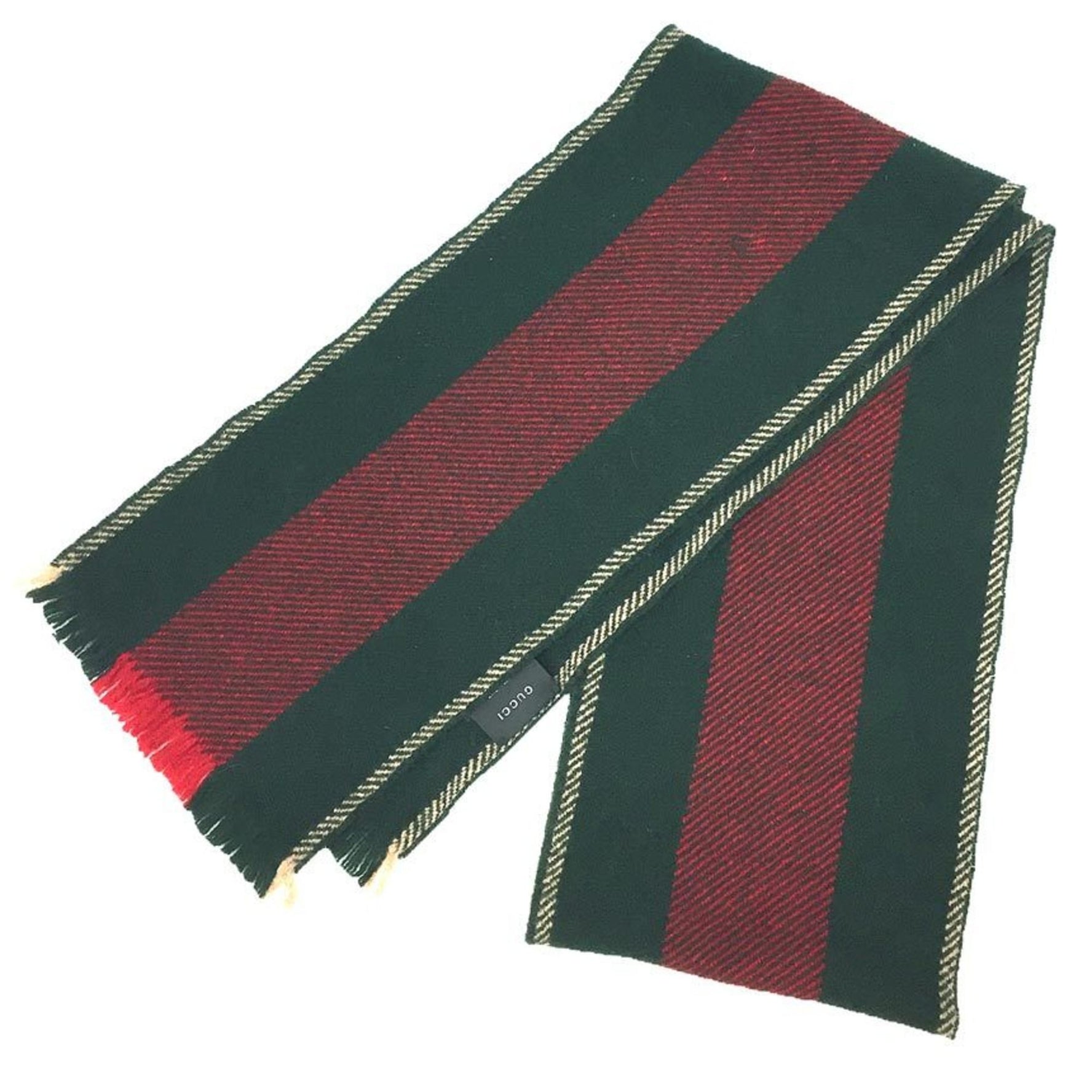 GUCCI Scarf Sherry Line Wool Green x Red Beige