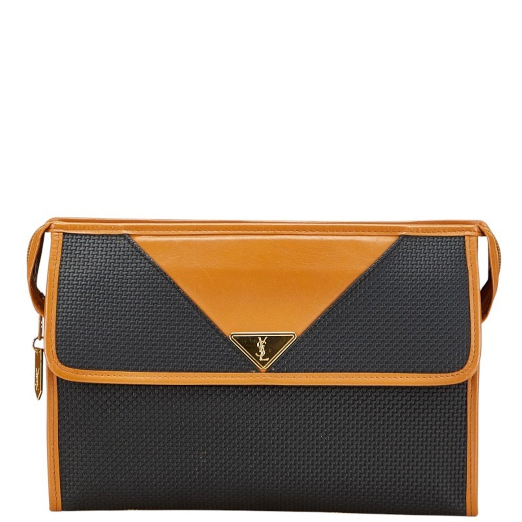 Saint Laurent YSL logo clutch bag in black and brown leather .