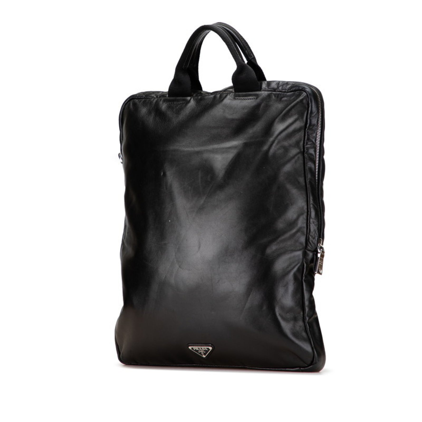 Prada Triangle Logo Plate Metal Stud Handbag Tote Bag Leather