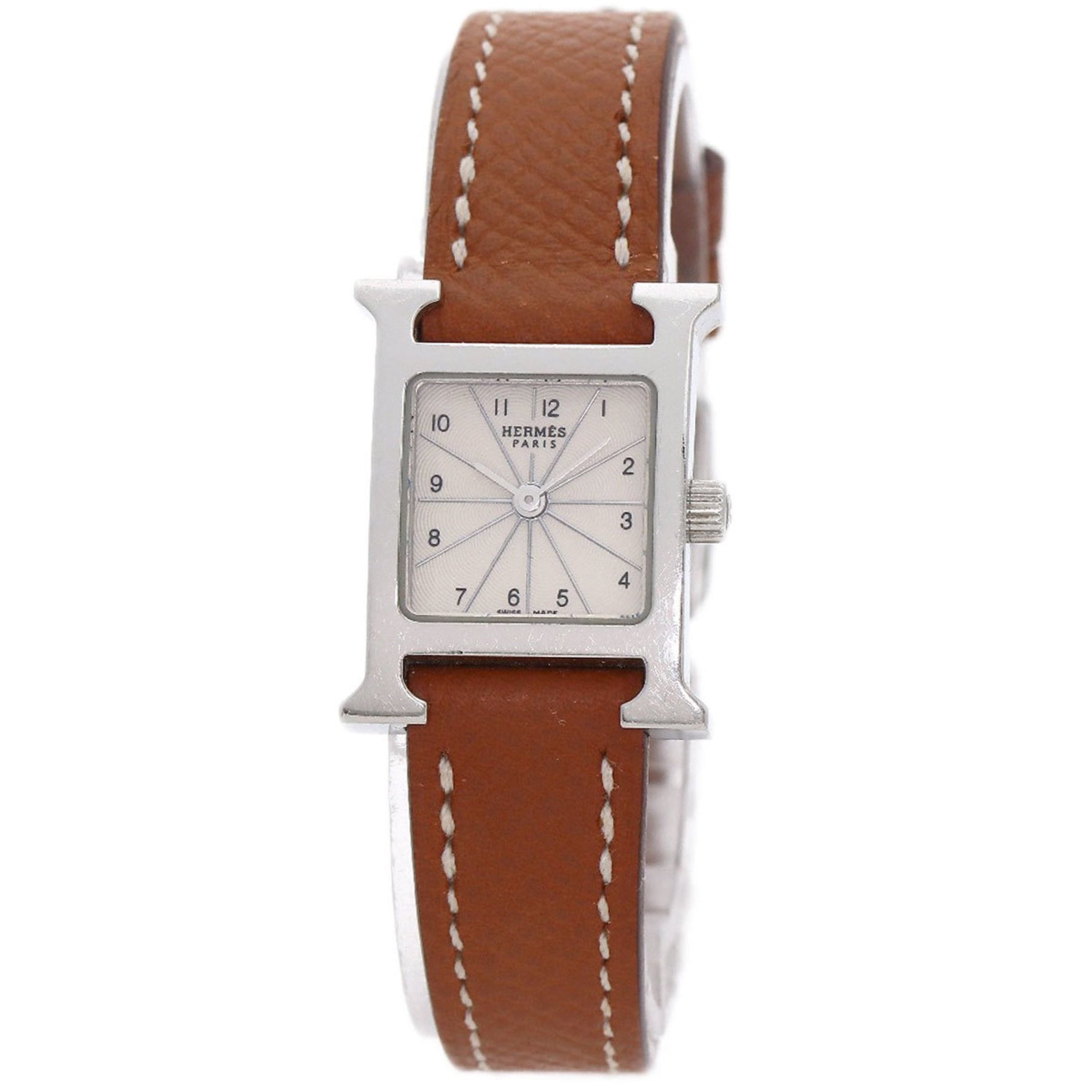 Hermes H Watch Mini Wristwatch Stainless Steel Leather Ladies