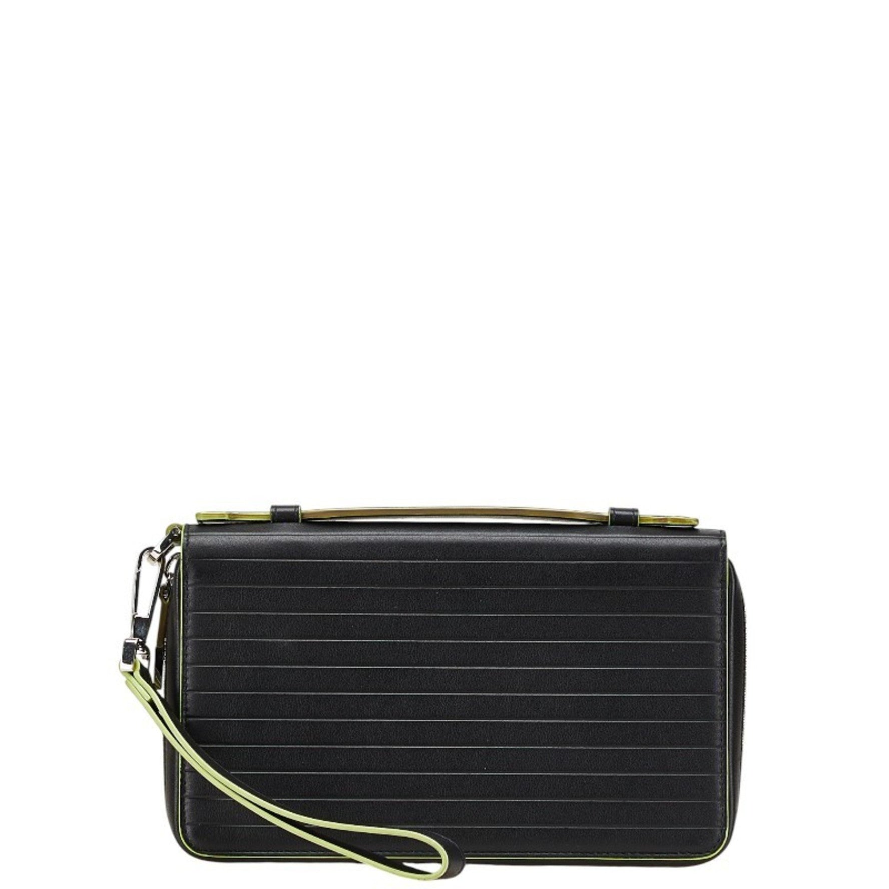 Christian Dior Dior Round Long Wallet Organizer Black Light Green Leather