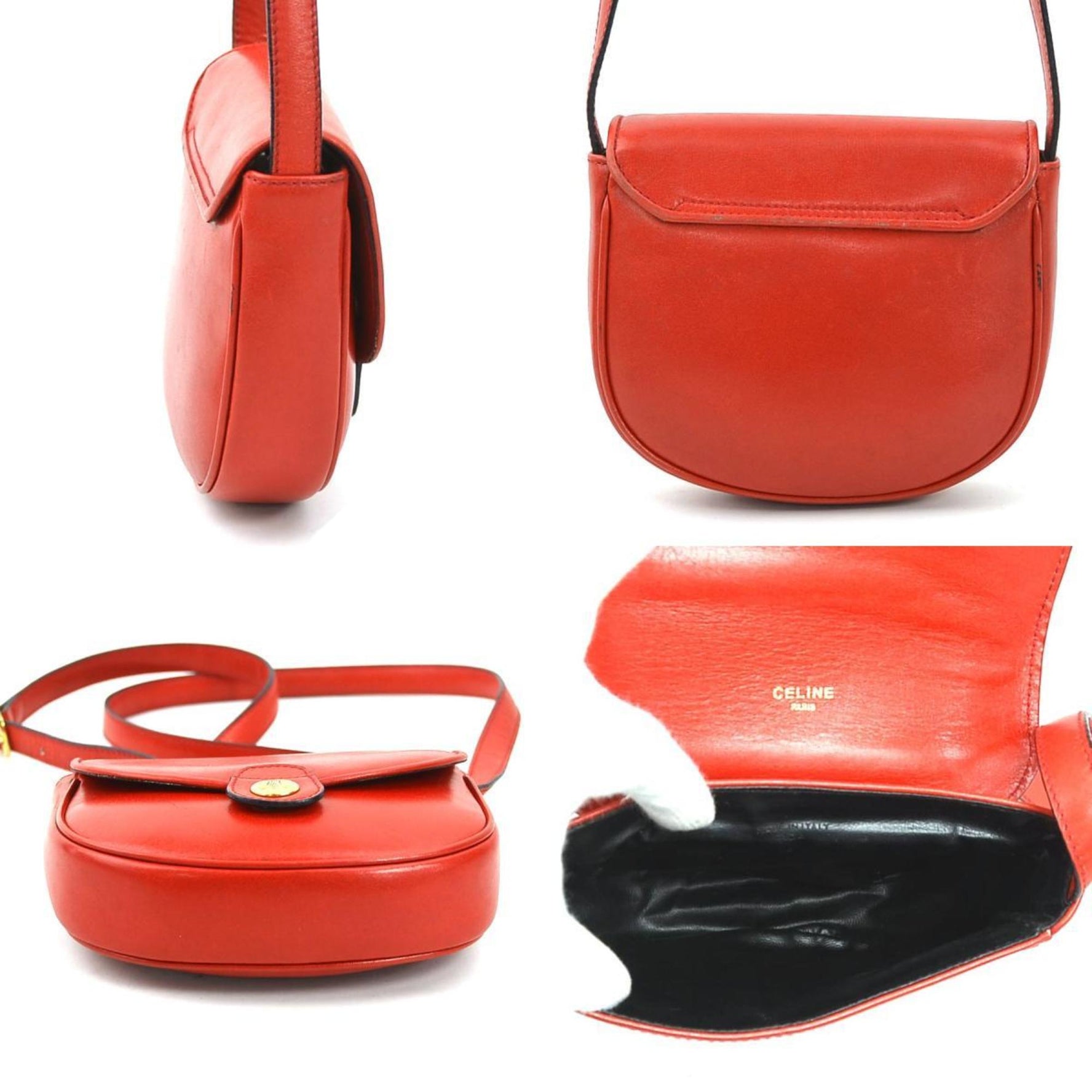 CELINE Shoulder Bag Leather Red Gold