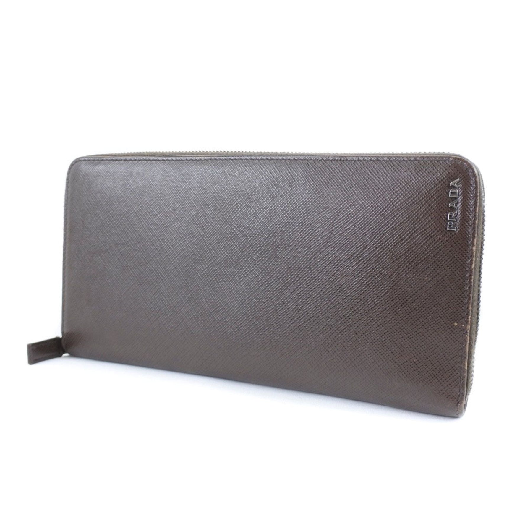 Prada Round Zipper Saffiano CAFFE+NERO Dark Brown Long Wallet