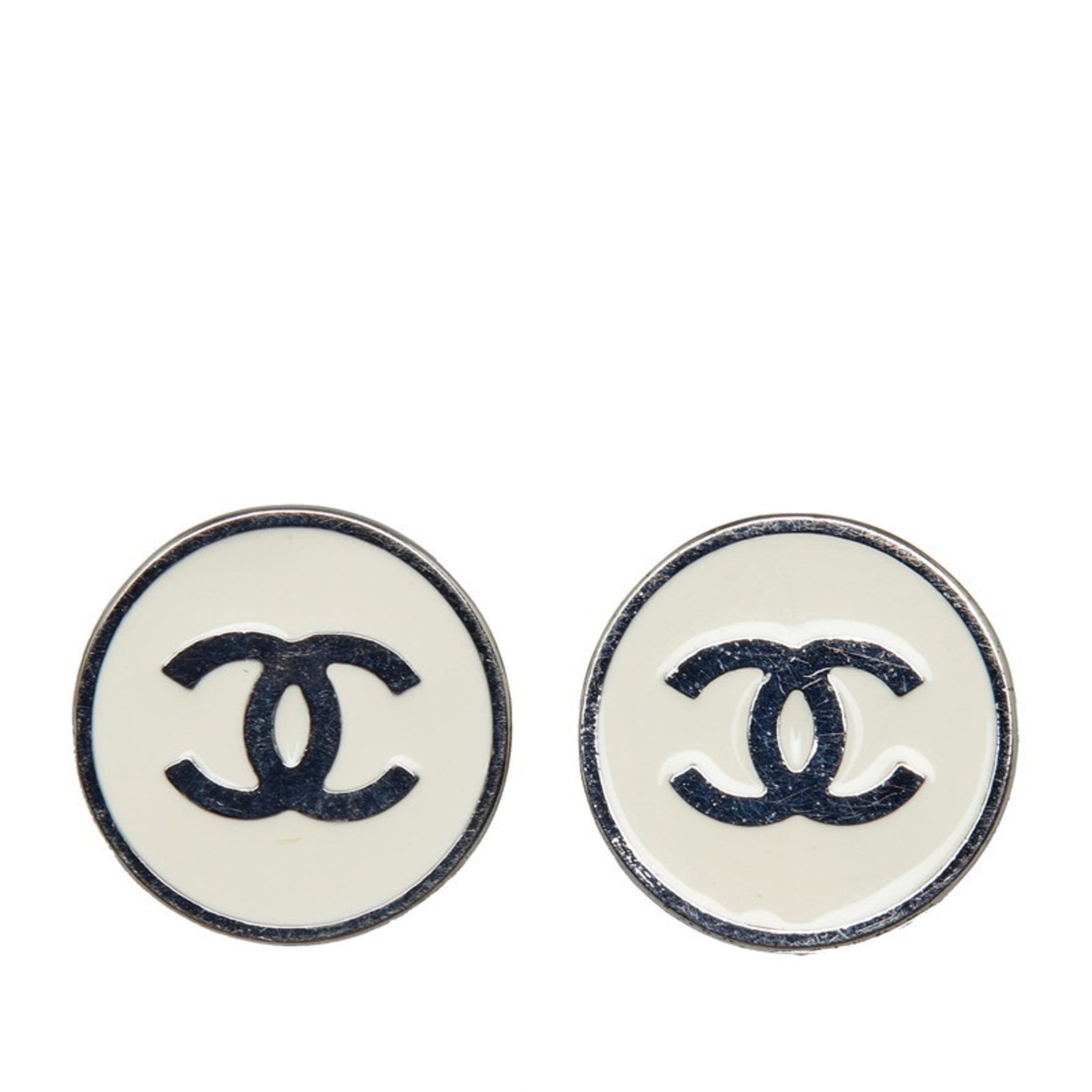 Chanel Coco Mark Enamel Earrings Silver White Metal