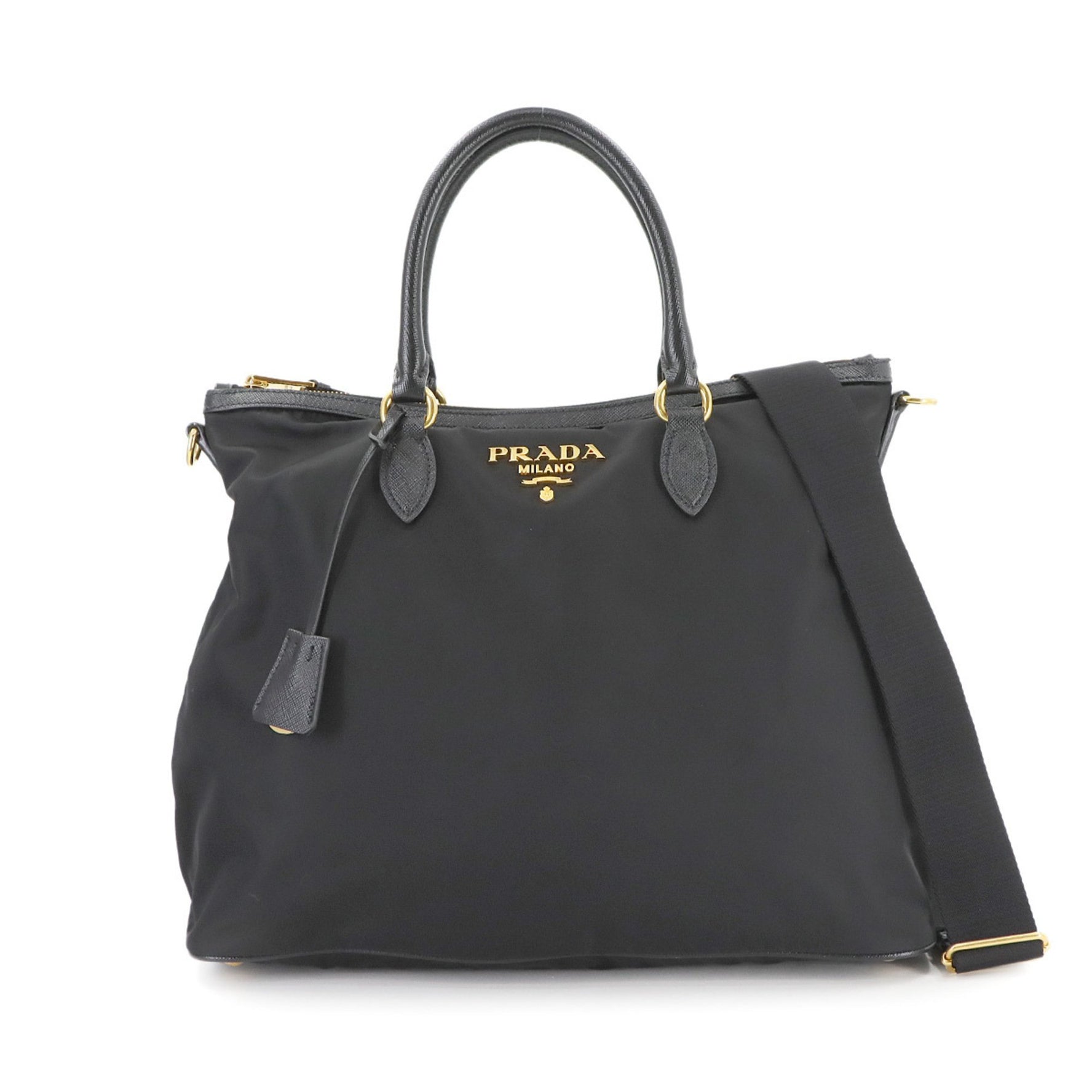 Prada 2-way Tote Shoulder Bag in Black Nylon and Saffiano Leather with Gold Hardware (1BC060)