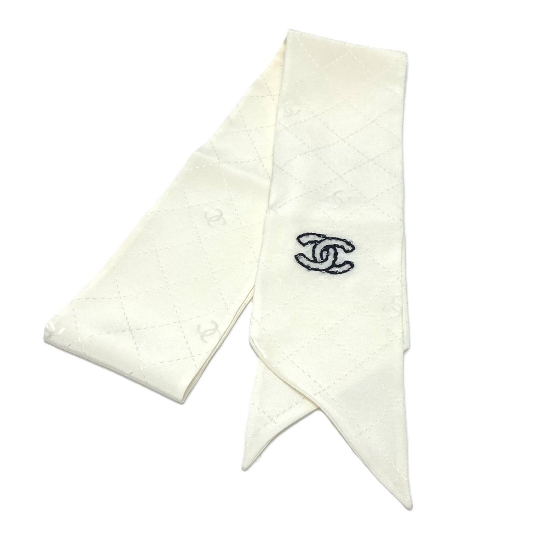 CHANEL Coco Mark Matelasse Bandeau Scarf Silk White
