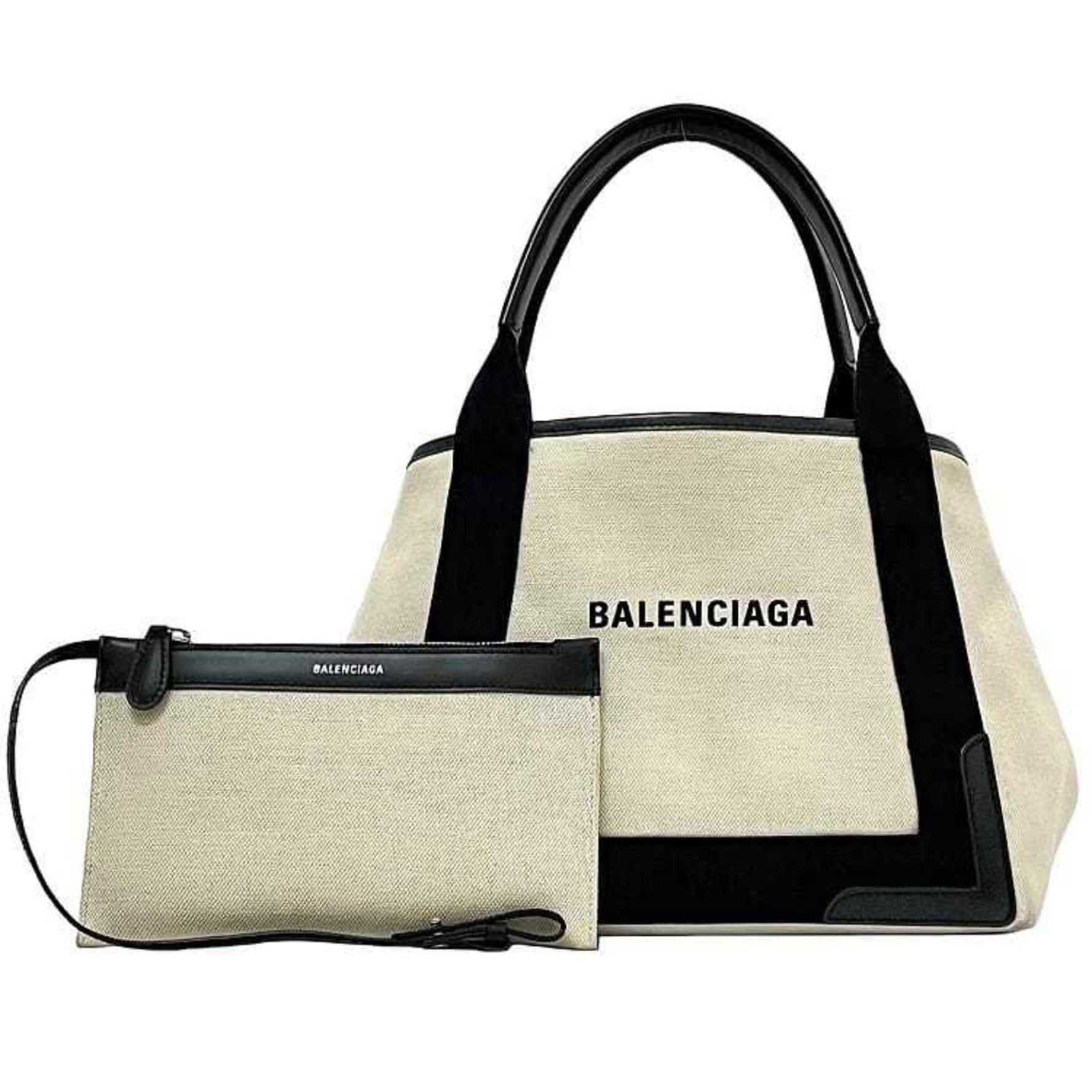 Balenciaga Tote Bag Navy Cabas Natural White Black Canvas Leather 1081 U 002123 Handbag Unisex