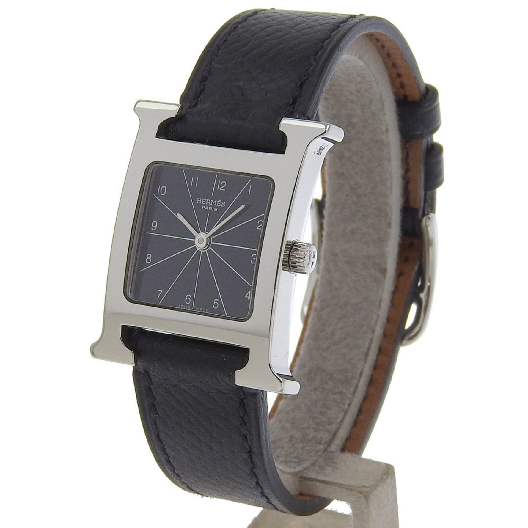 Hermes H Watch Wristwatch Stainless Steel x Embossed Leather ?E Quartz Analog Display Black Dial Heure watch