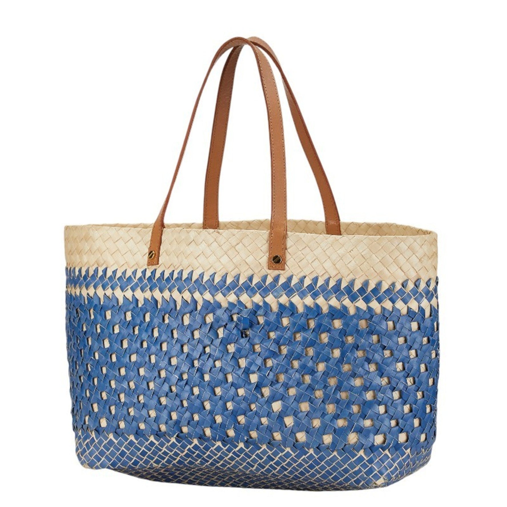 Tory Burch Tote Bag Basket Blue Beige Raffia Leather