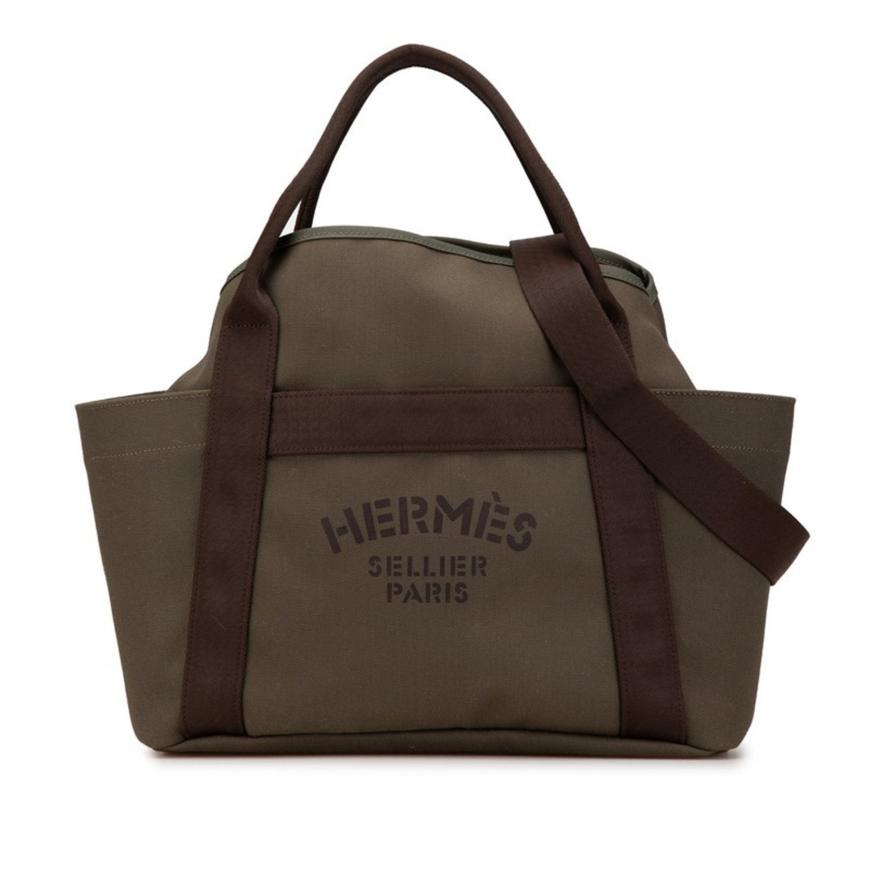 Hermes Sac de Pansage Groom Tote Bag Shoulder Khaki Green Canvas