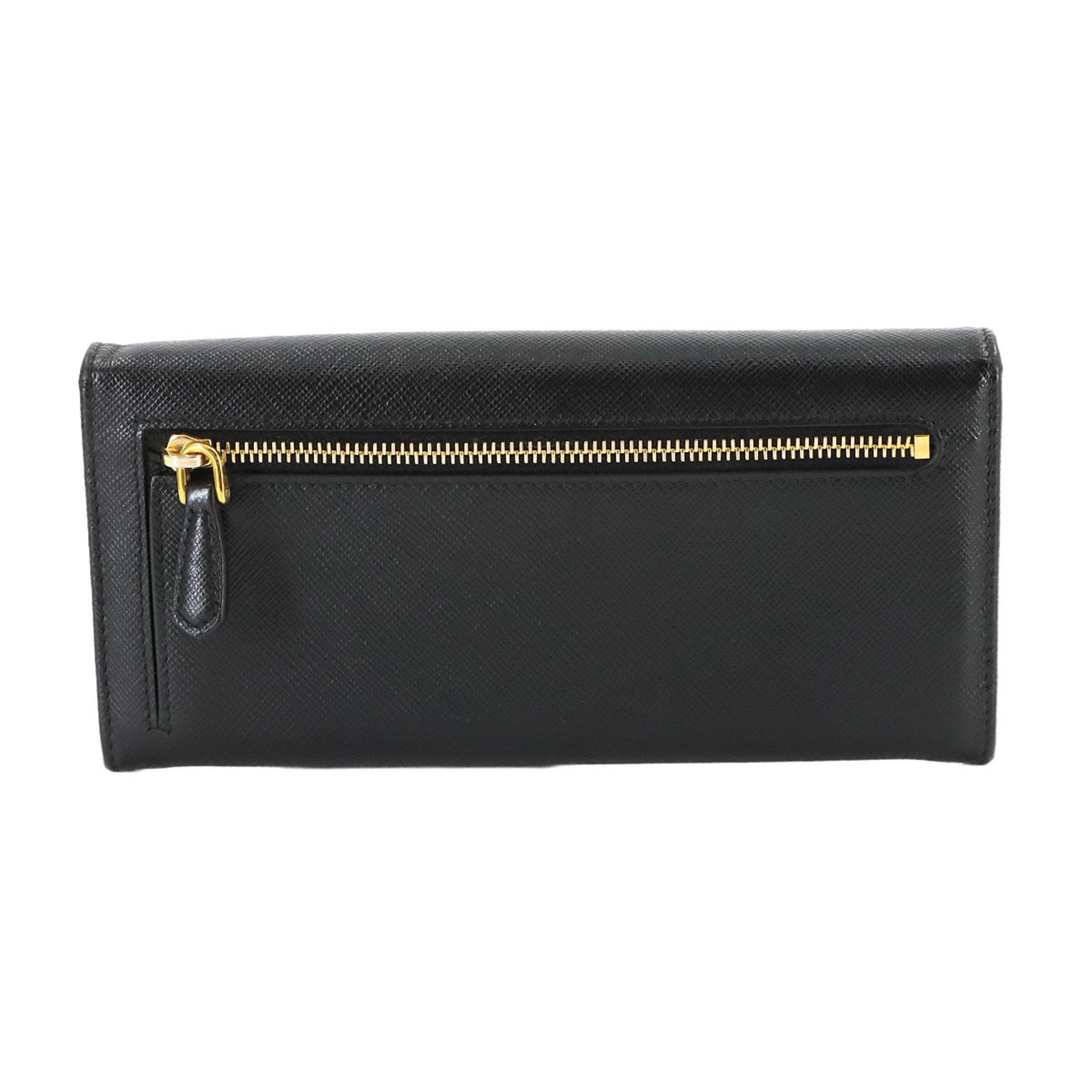 Prada Saffiano Bifold Long Wallet in Black Leather with Gold Triangle Hardware (1MH132)