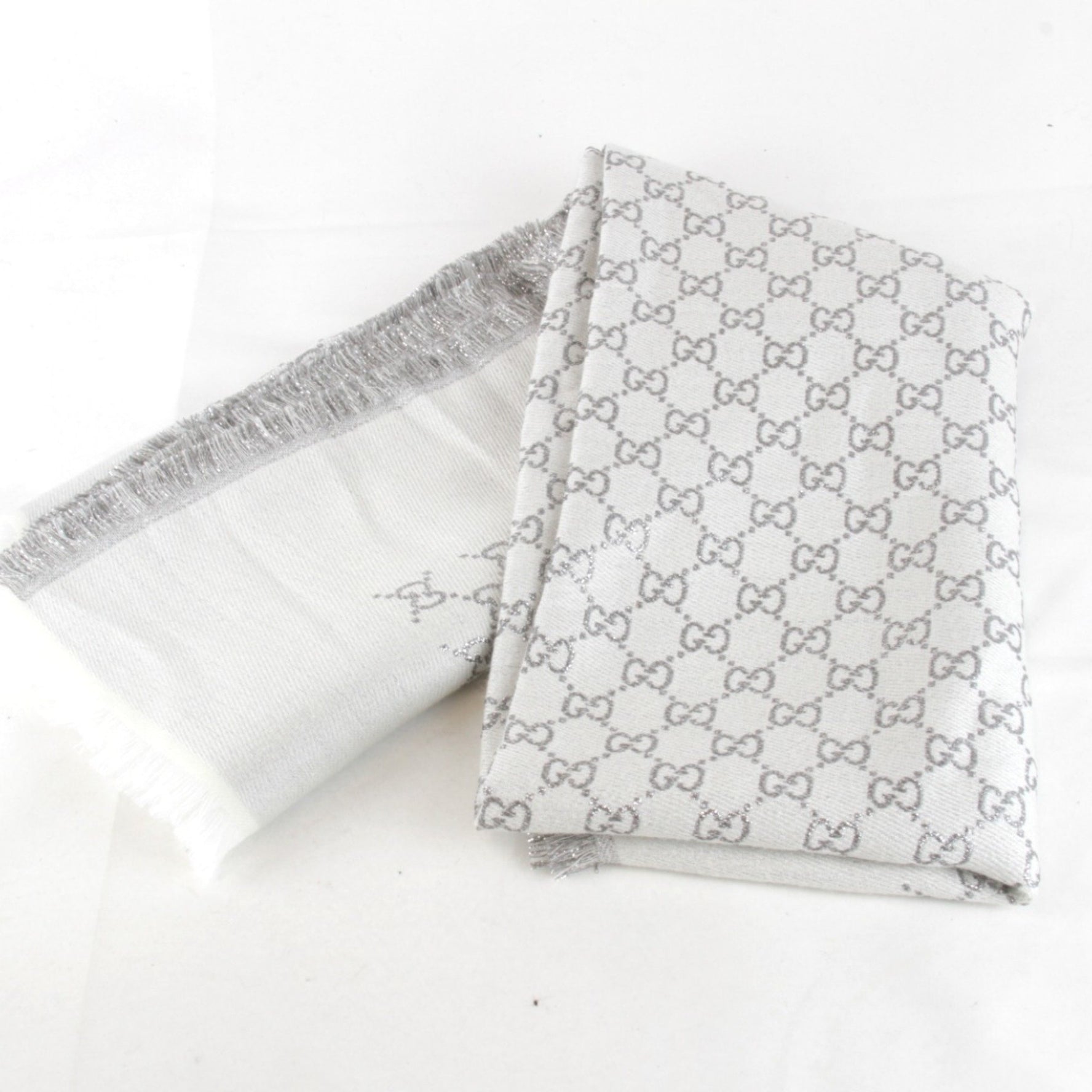 GUCCI GG Jacquard Wool Silk Lame Shawl Silver Wool/Silk