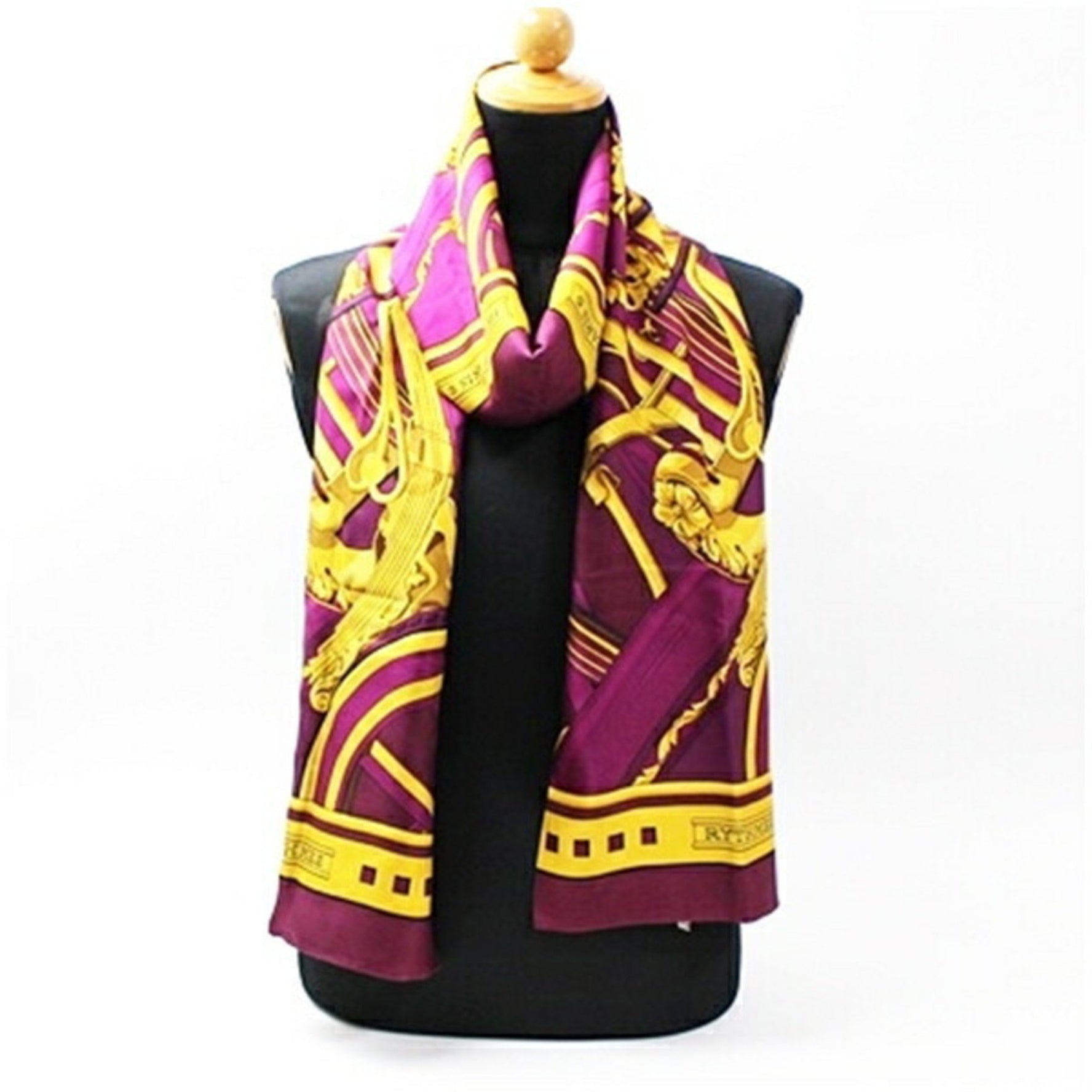 Hermes silk stole/scarf/muffler, rectangular, purple/mustard