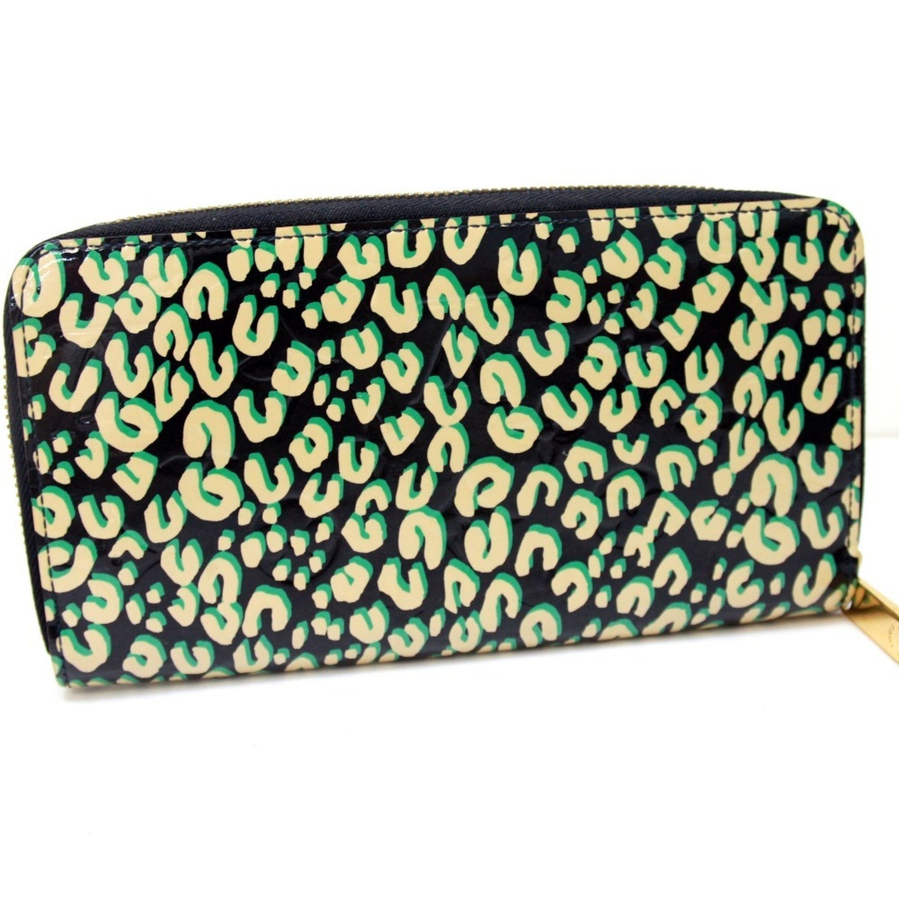 Louis Vuitton Round Long Wallet Zipper Vernis Leopard Patent Leather Blue Infini