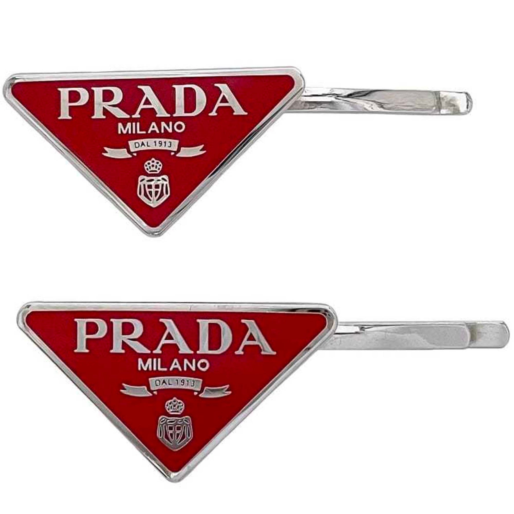 Prada Hairpin Red Silver Unused New Metal Hair Clip Triangle For Fittings