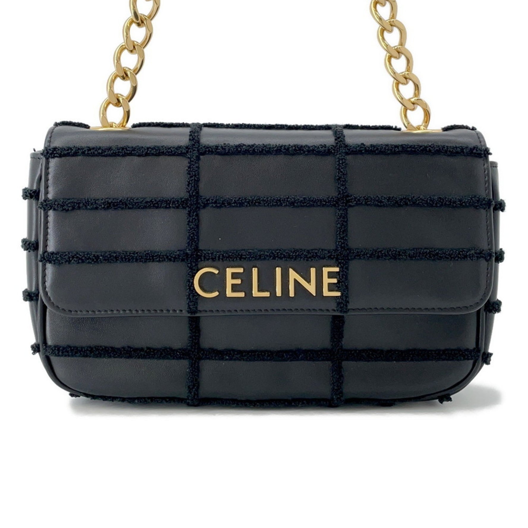 Celine Chain Shoulder Bag in Monochrome Leather and Pile -