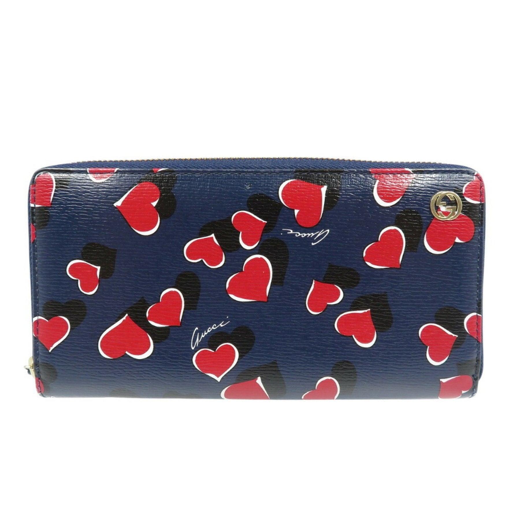 Gucci Heart Leather Navy Red Round Long Wallet