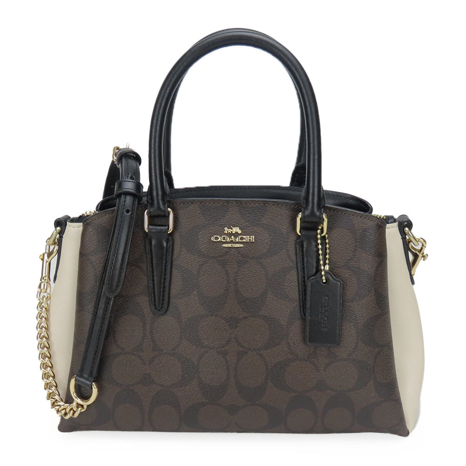 Coach Shoulder Bag Signature Leather Dark Brown Black Ivory Handbag
