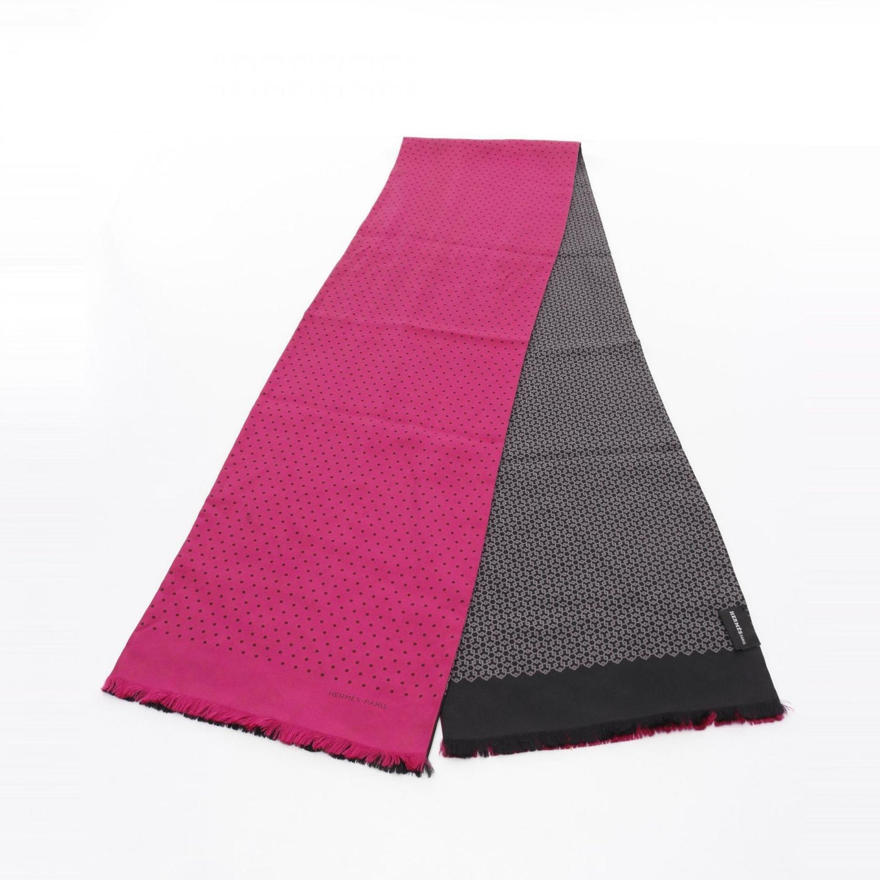 Hermes silk scarf in pink, black, and gray.