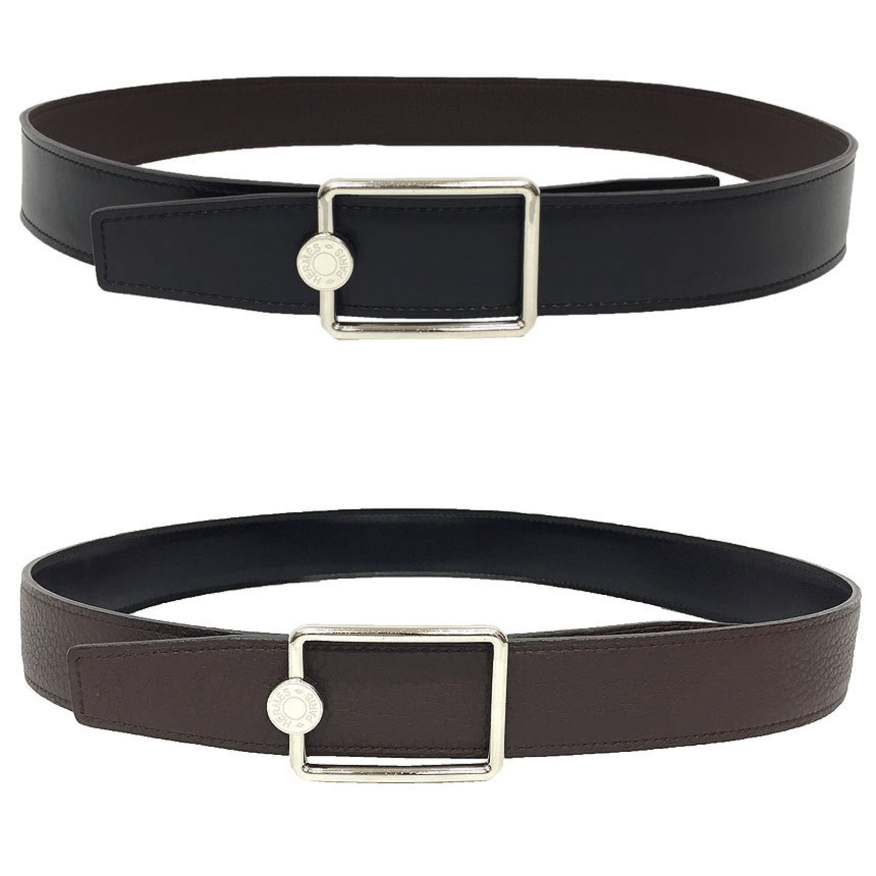 Hermes Hermès Oscar Serie Belt, size 80, A-stamped, reversible leather, black and dark brown box calf leather with Togo, buttons, silver buckle