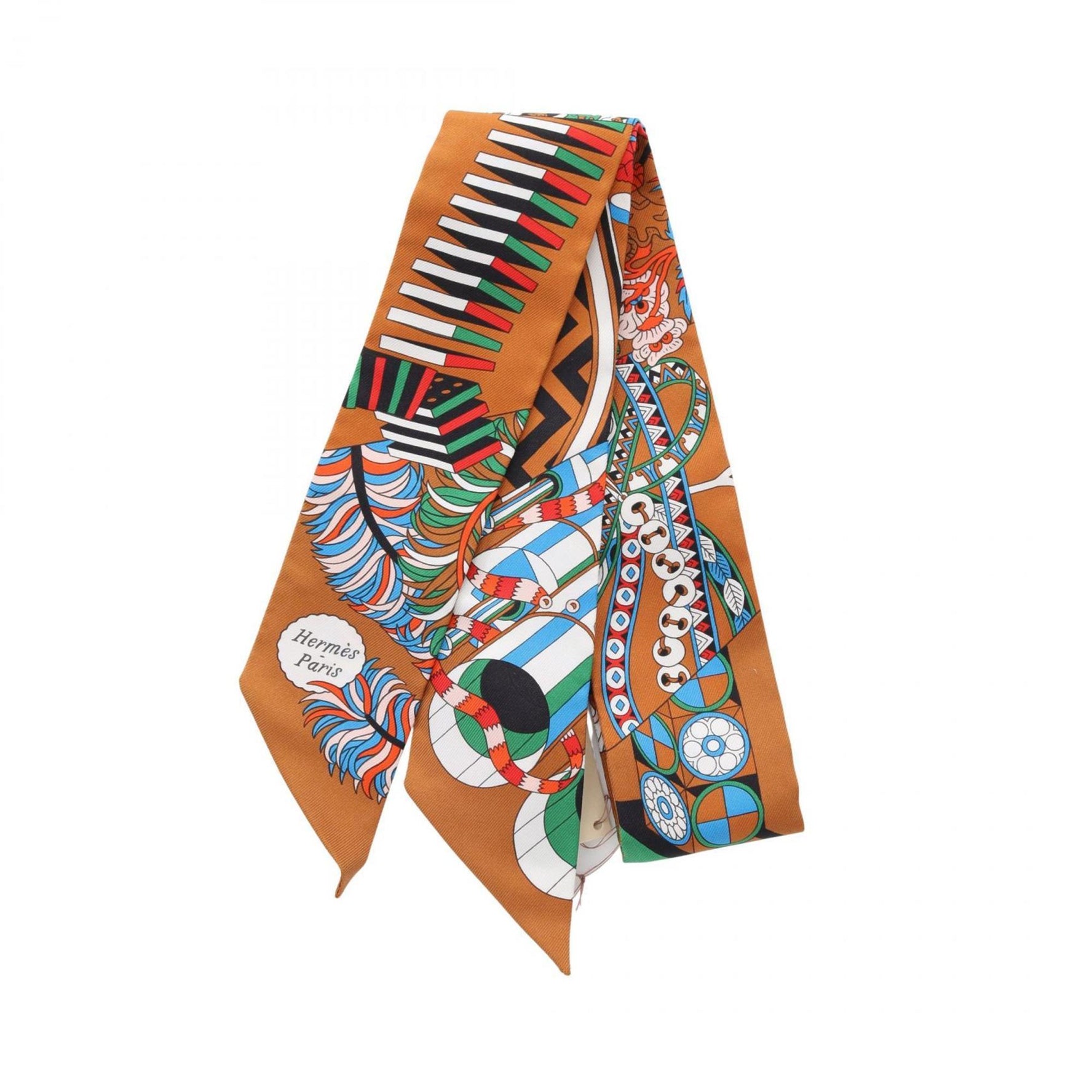 Hermes Twilly De l'Ombrelle aux Duels Vieux Silk Scarf Brown Multicolor