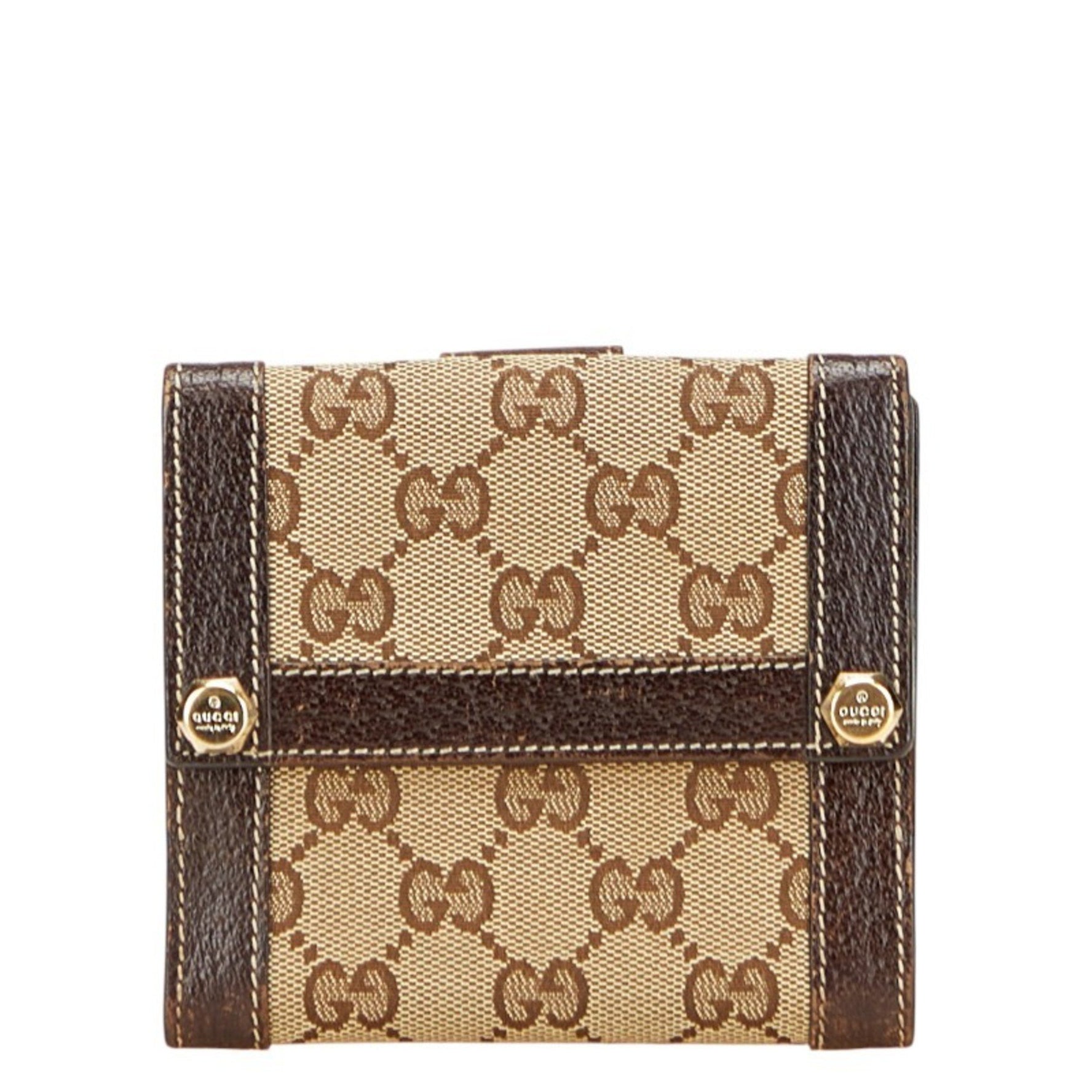 Gucci GG Canvas Bifold Wallet Beige Brown Leather
