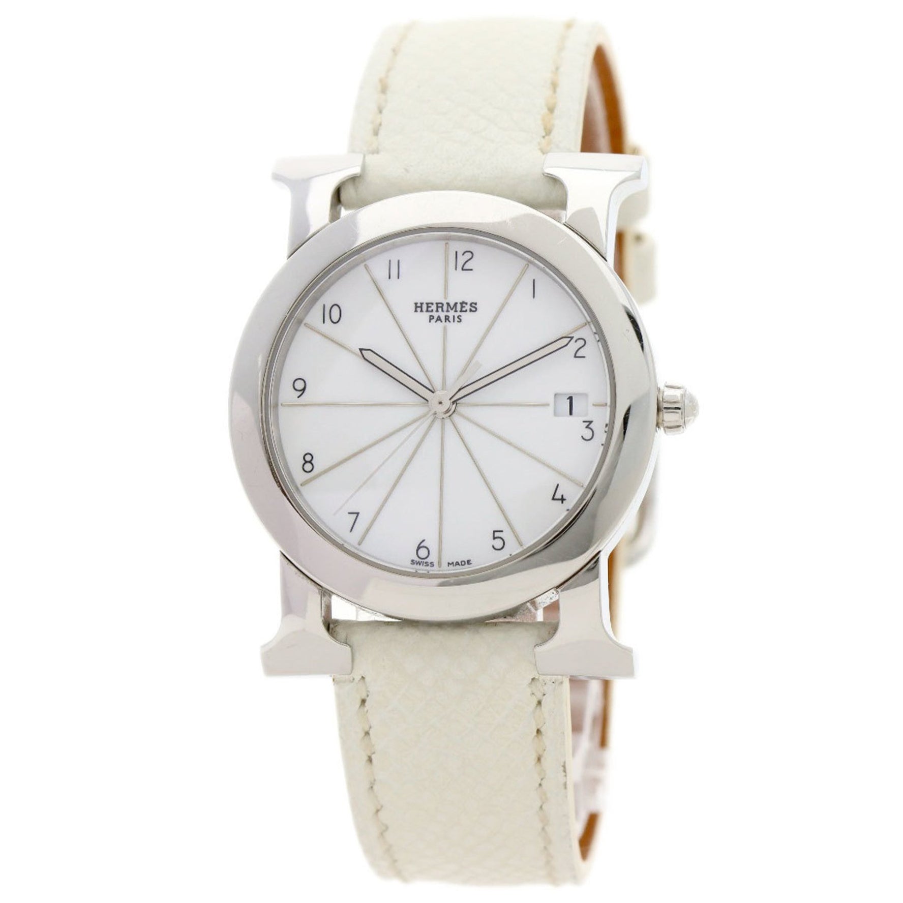 Hermes H Watch Rondo Wristwatch Stainless Steel Leather Ladies